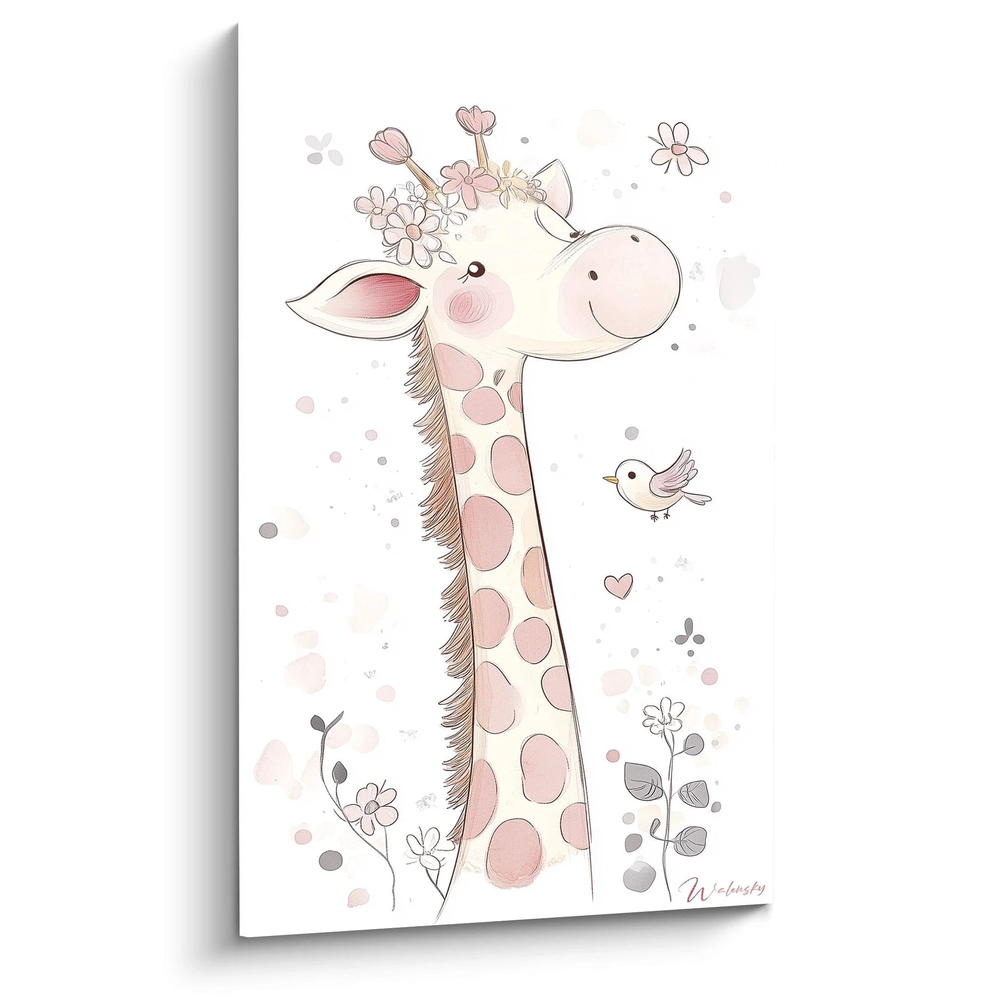 Un tableau pour enfant illustrant une girafe aux motifs roses et beiges, avec un oiseau, des fleurs et des touches pastel sur fond blanc, composé de lignes douces et textures légères.
