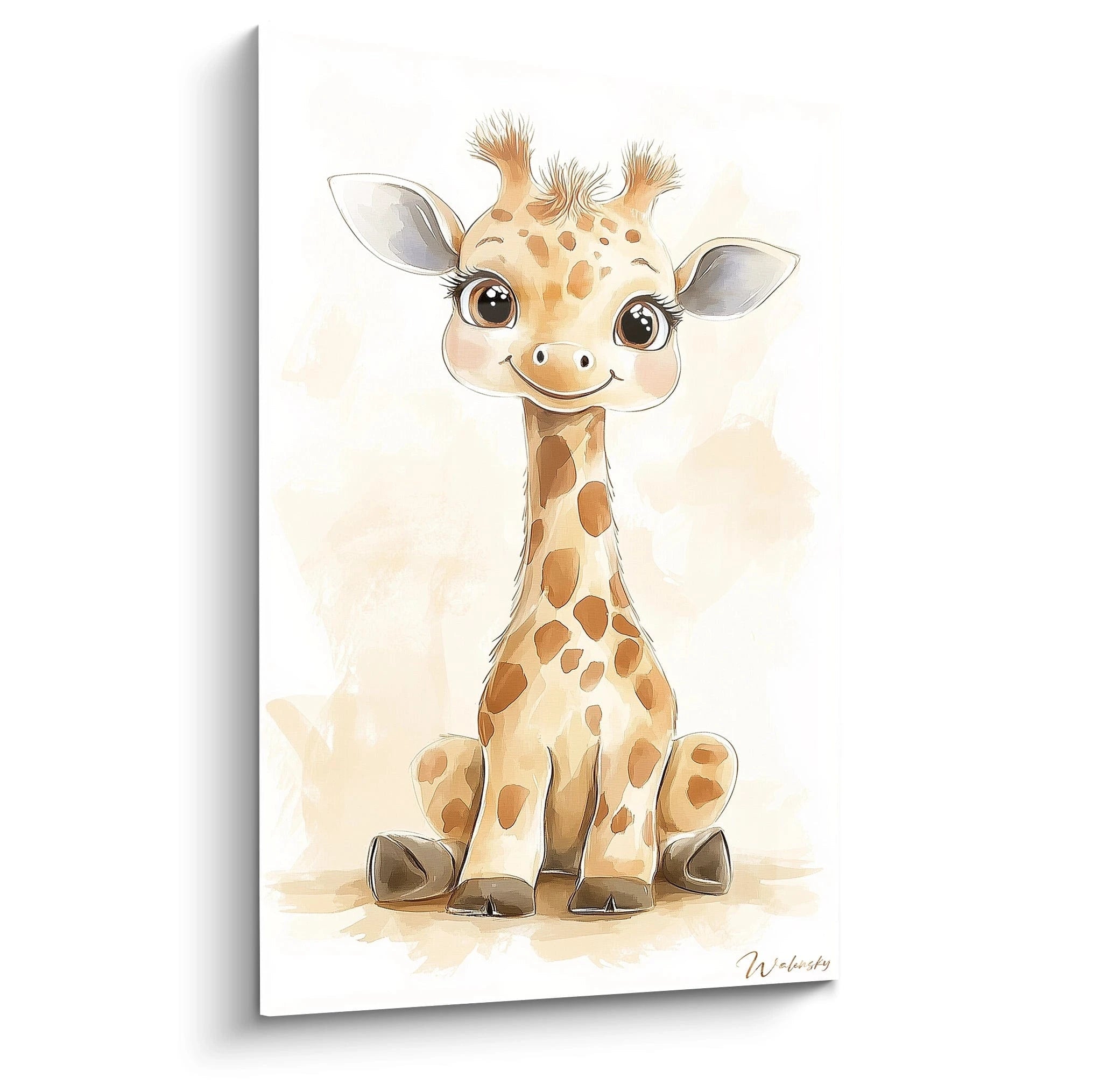 Un tableau pour enfant représentant une girafe stylisée aux grandes oreilles, avec des teintes beige, marron et orange, sur un fond clair aux effets d’aquarelle doux et légèrement texturés.