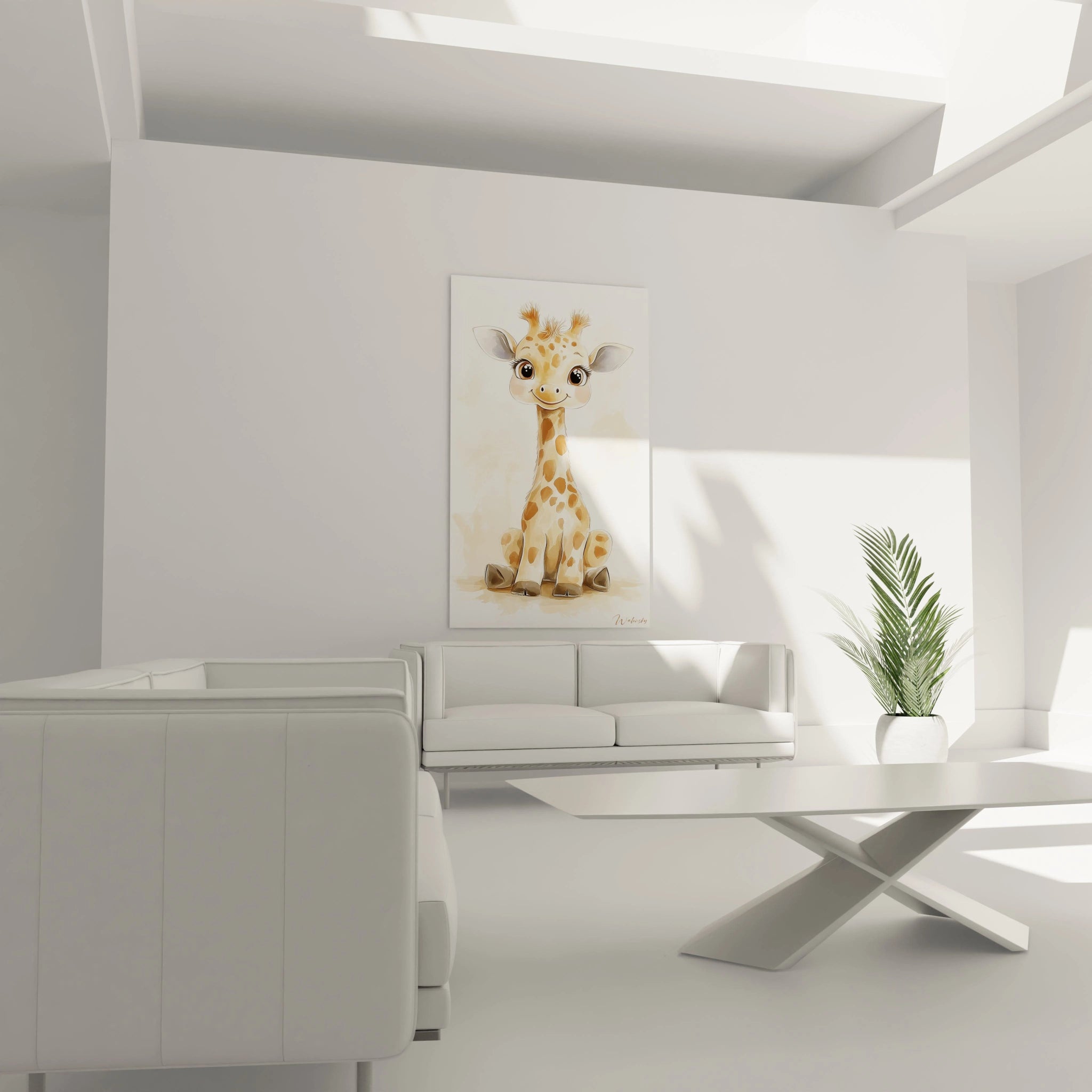 Un tableau pour enfant mettant en scène une girafe aux grands yeux et à la fourrure tachetée, utilisant des tons beige et marron sur un arrière-plan blanc aux effets de peinture légère et estompée.