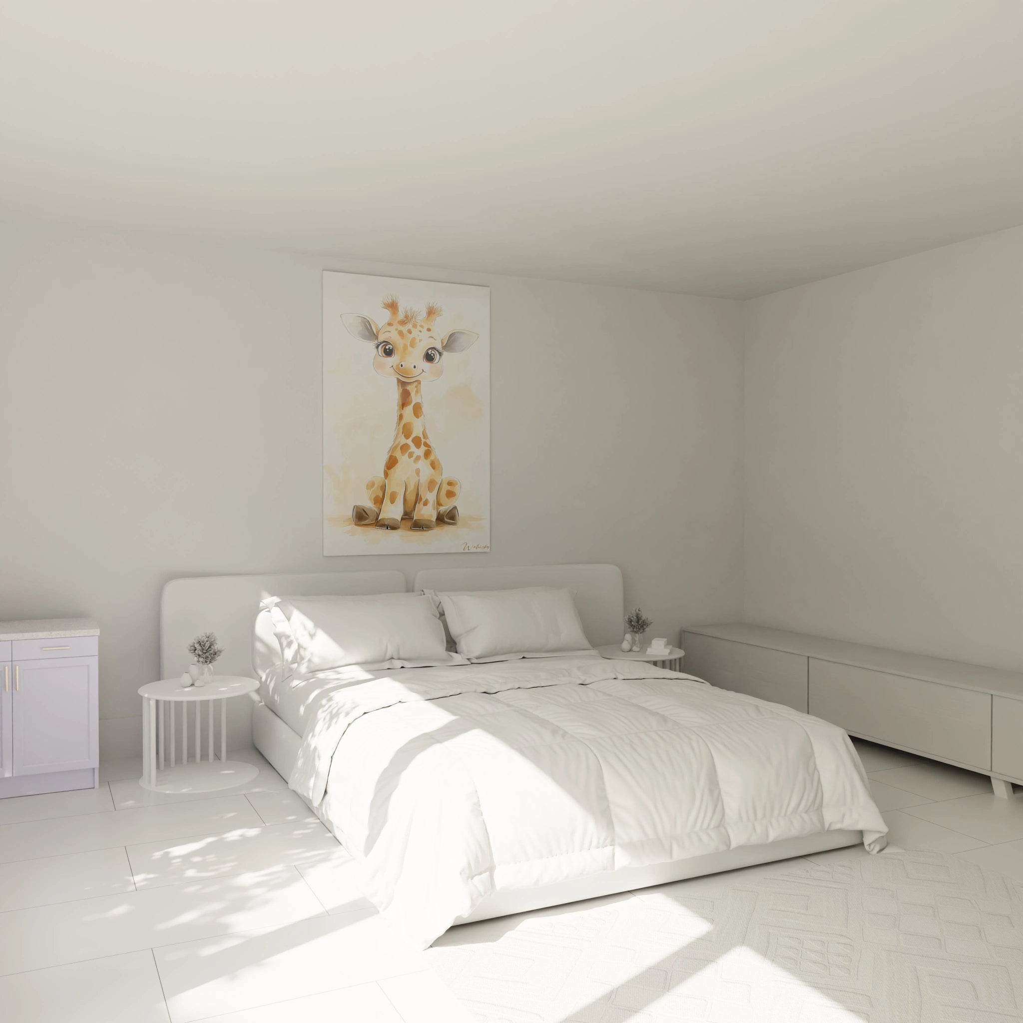 Un tableau pour enfant illustrant une girafe assise, aux contours doux et fluides, avec des couleurs chaudes comme le beige et l’orange, et un fond texturé aux nuances claires et atténuées.