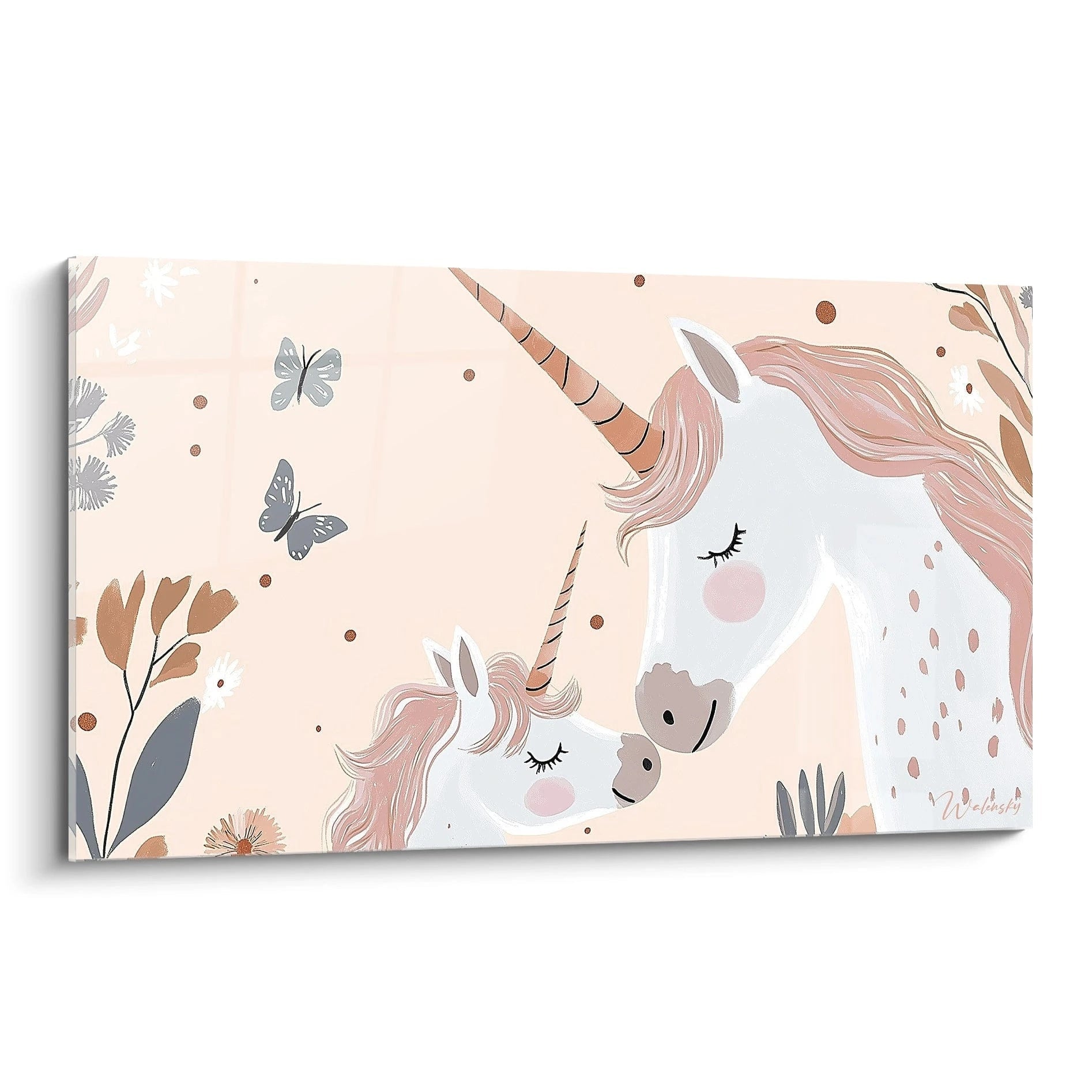 Un tableau enfant représentant deux licornes stylisées sur fond beige, avec des teintes roses et or rose, entourées de papillons et de motifs floraux, dans une composition aux lignes douces et épurées.