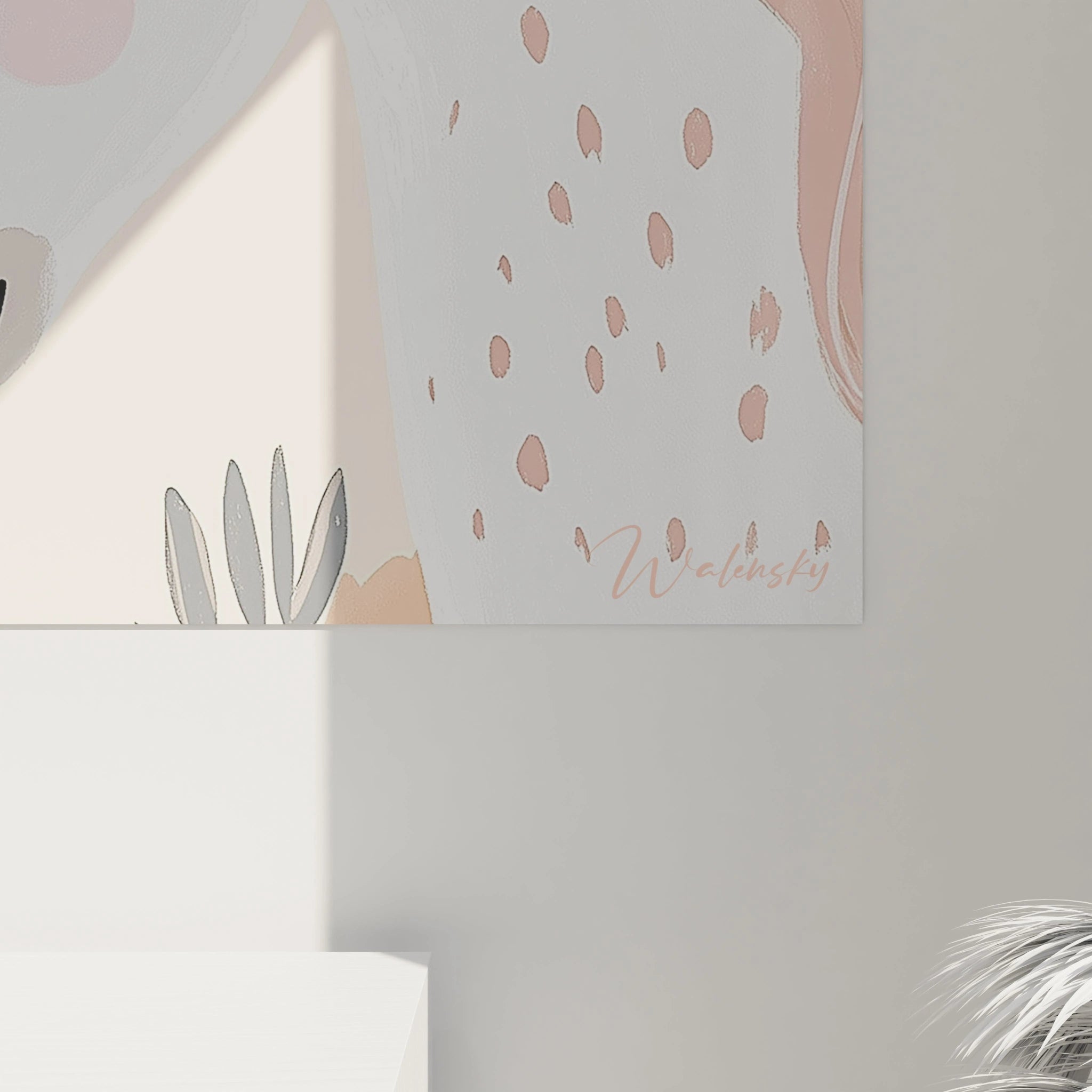 Un tableau enfant composé de deux licornes stylisées aux teintes douces, avec une palette de rose poudré, beige et or rose, des motifs végétaux et des papillons en arriÚre-plan sur un fond texturé.