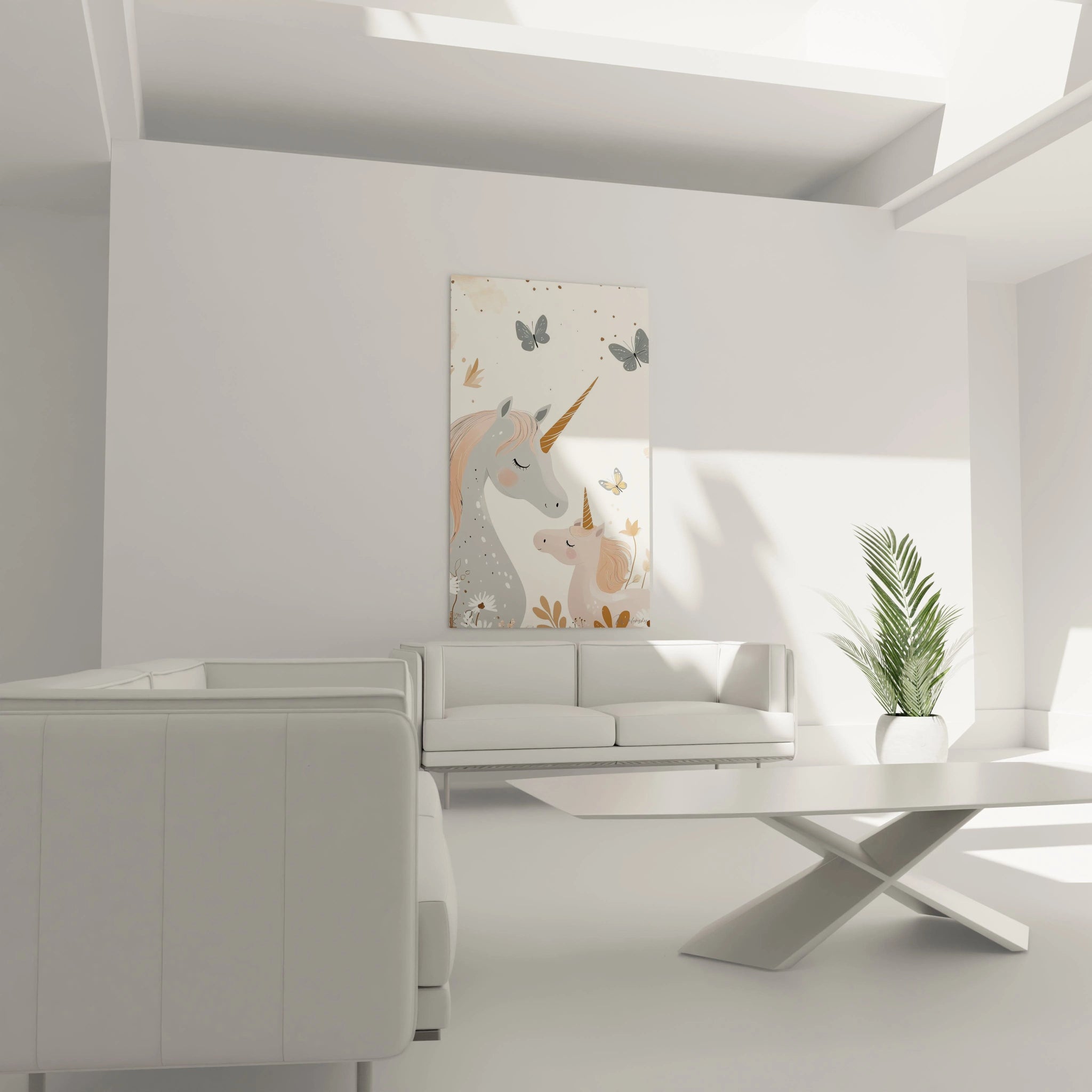 Un tableau pour enfant mettant en scÚne deux licornes avec des criniÚres ondulées en or rose, un fond beige doux, des éléments floraux minimalistes et des papillons gris et orange dispersés autour.