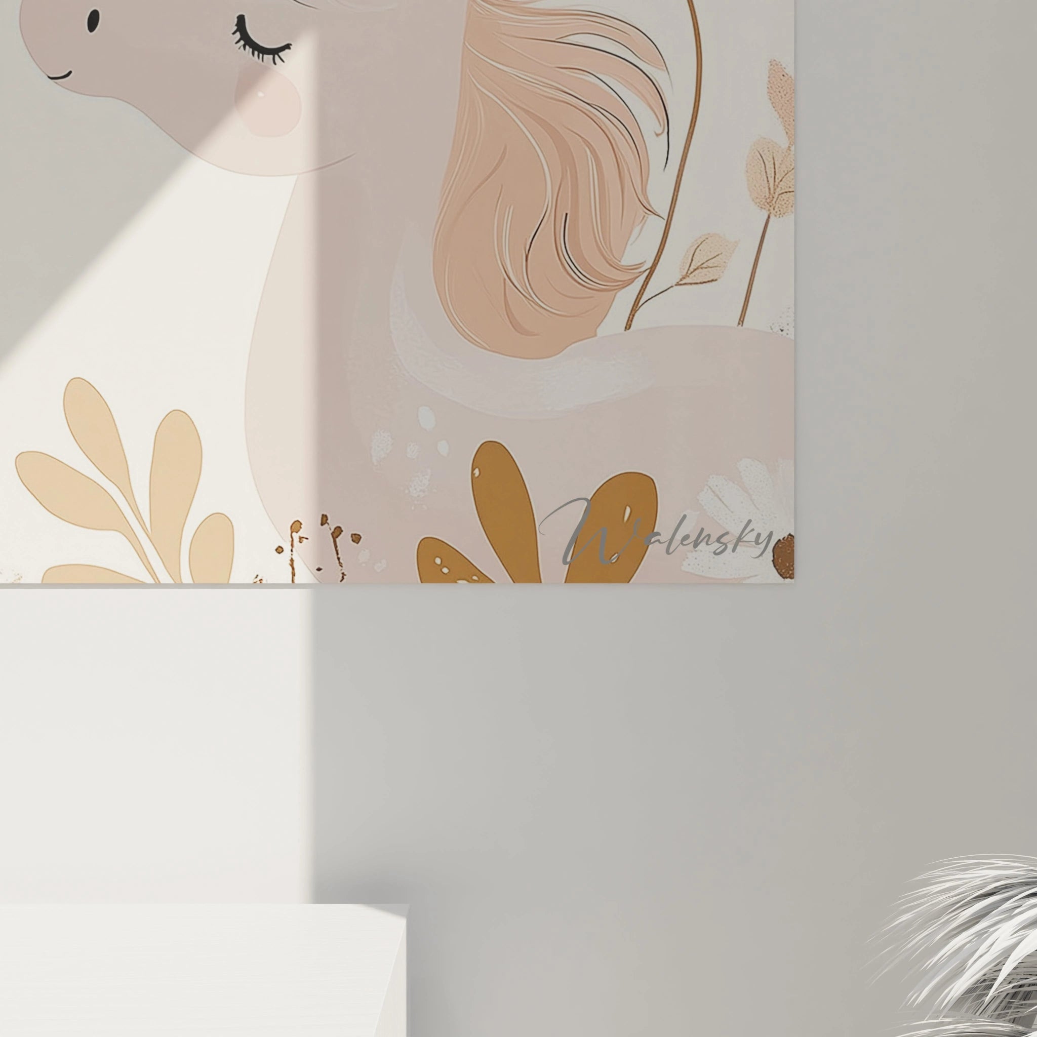 Un tableau pour enfant montrant une composition de licornes et papillons, dominée par des tons beige, gris et or rose, avec un fond texturé et des détails organiques rappelant la nature.