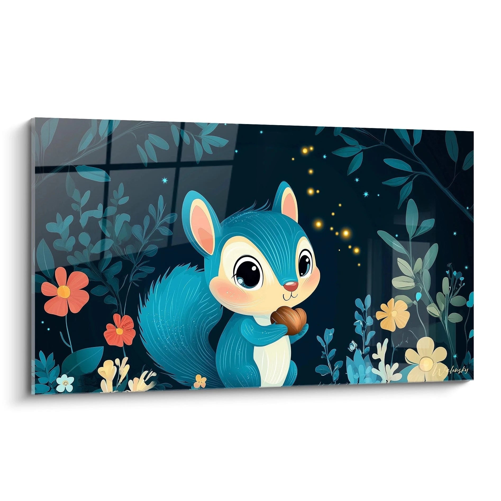 Un tableau enfant représentant un écureuil bleu stylisé tenant un gland, entouré de feuillage vert et de fleurs colorées sur un fond sombre avec des lucioles dorées et des étoiles scintillantes.