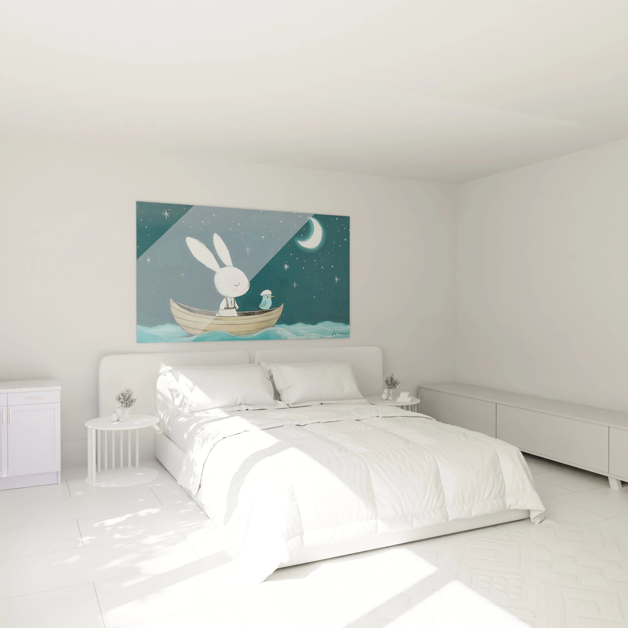 Un tableau enfant mettant en scĂšne un lapin habillĂ© et un oiseau coiffĂ©, flottant sur lâeau sous un ciel nocturne bleu marine, avec des Ă©toiles brillantes et des ombres douces.