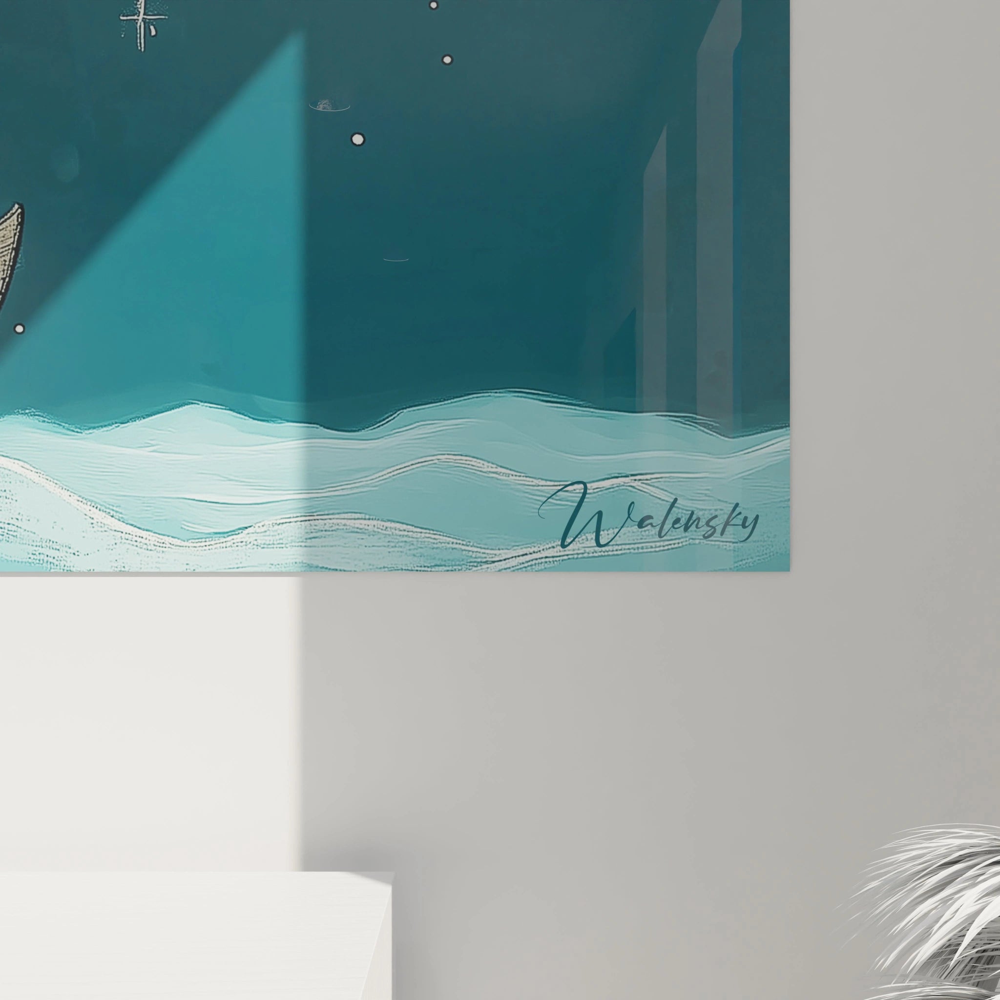 Un tableau enfant figurant un ciel Ă©toilĂ© bleu nuit, une mer aux ondulations douces, et un lapin blanc accompagnĂ© dâun oiseau bleu sur une barque, avec des textures lisses et vaporeuses.