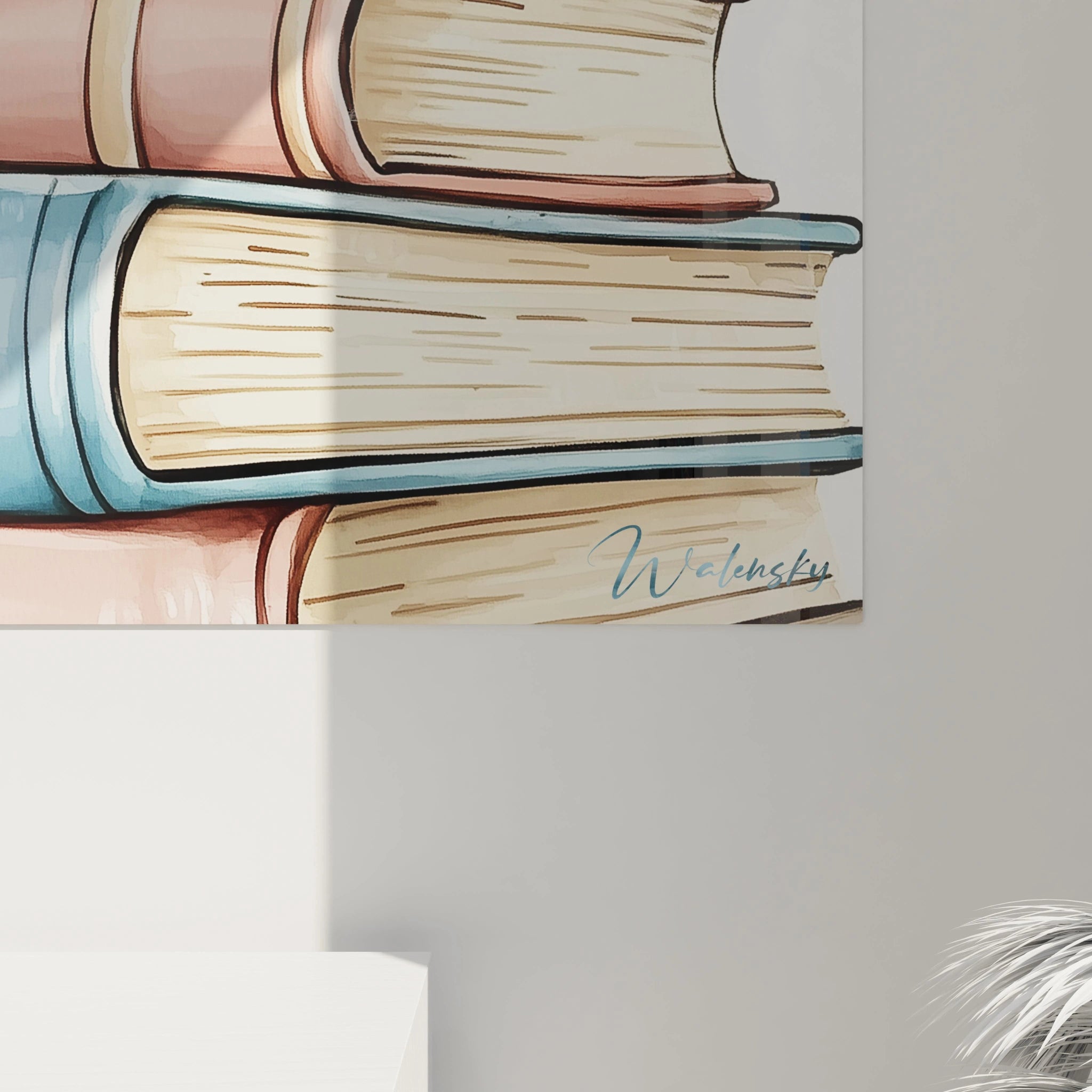 Tableau enfant illustrant un petit lapin aux poils détaillés, posé sur des livres aux tons pastel bleu et rose, avec une texture lisse et des transitions de couleurs en aquarelle.