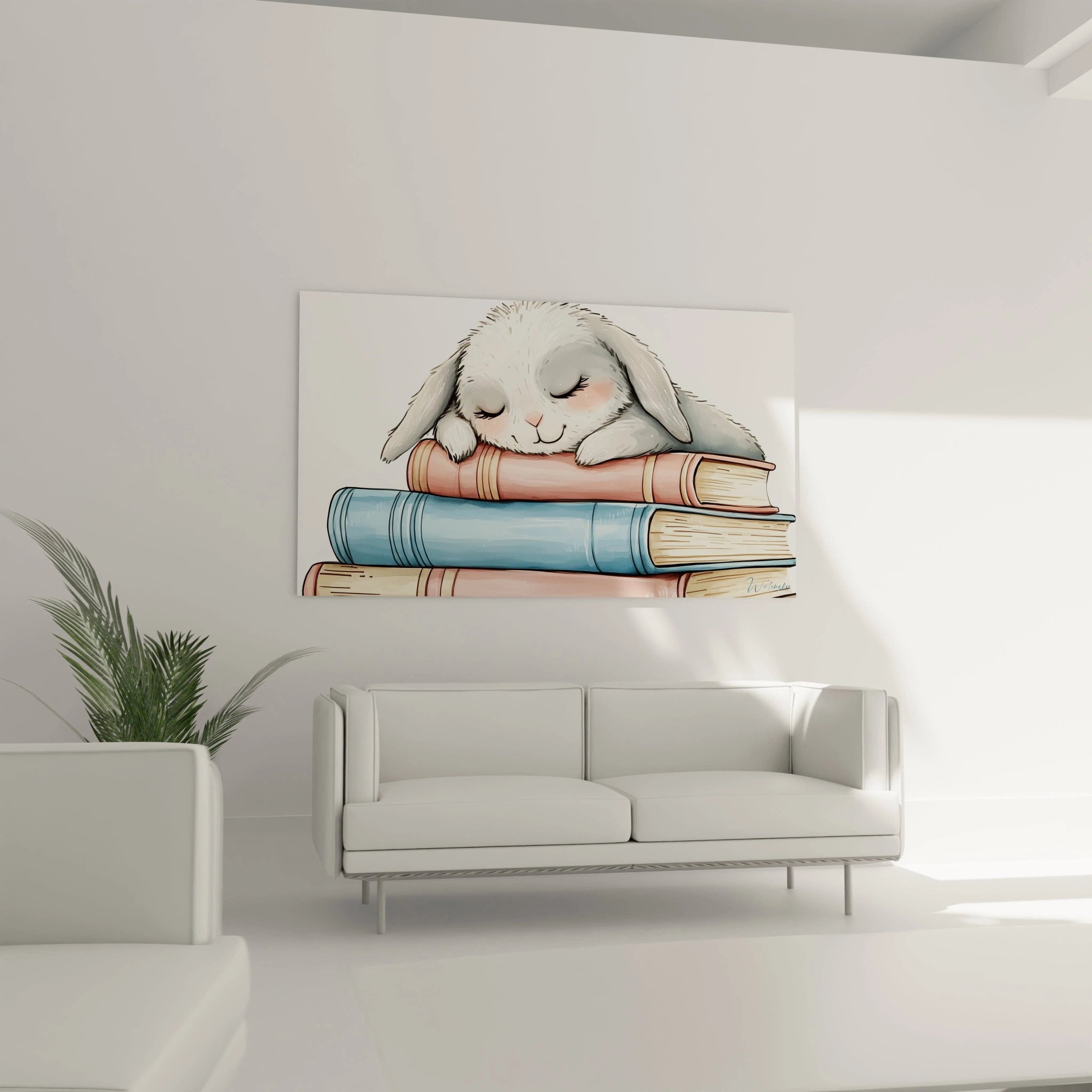 Un tableau enfant mettant en scène un lapin gris et blanc aux joues rosées, couché sur des livres aux couvertures texturées bleu et rose, avec des ombrages doux et des dégradés subtils.