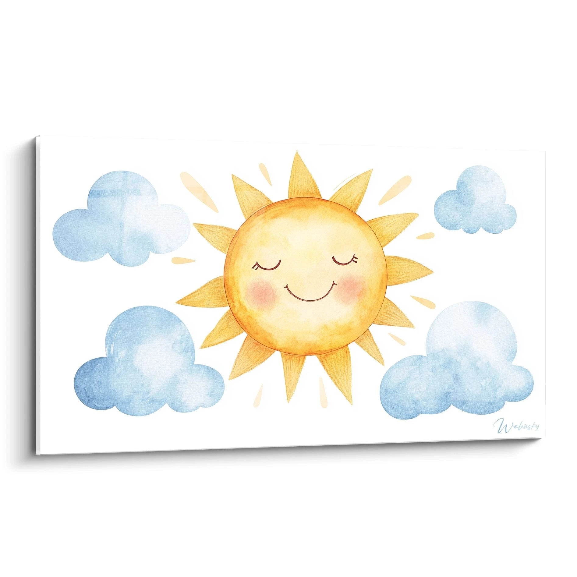 Un tableau enfant représentant un soleil stylisé aux teintes jaunes et orange, entouré de nuages bleus. Les textures aquarelles donnent un effet doux et fluide sur un fond blanc épuré.