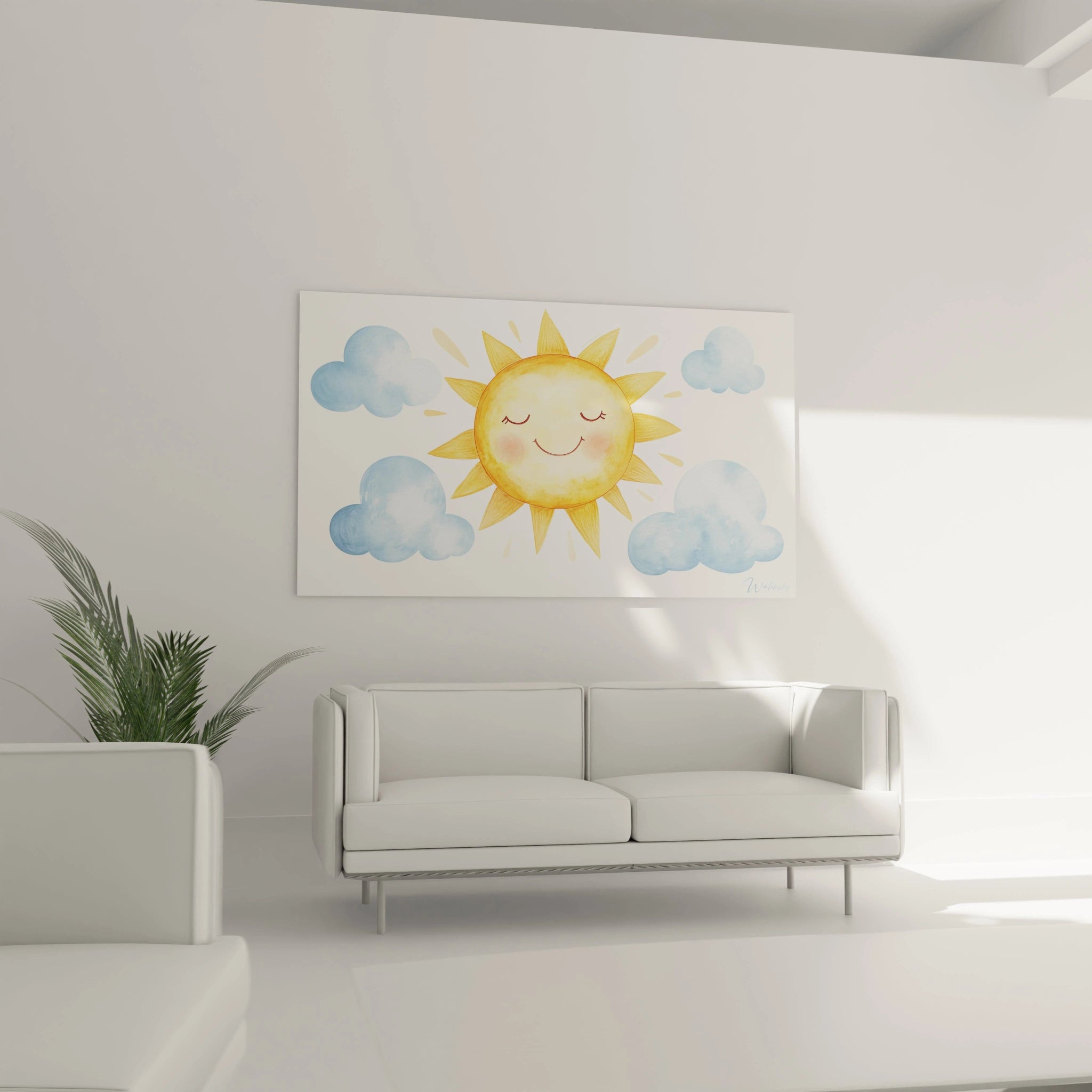 Un tableau enfant mettant en scĂšne un soleil aux traits simples et aux tons chauds, contrastant avec des nuages bleu pastel. Lâensemble prĂ©sente des textures aquarelles aux contours flous et fondus.