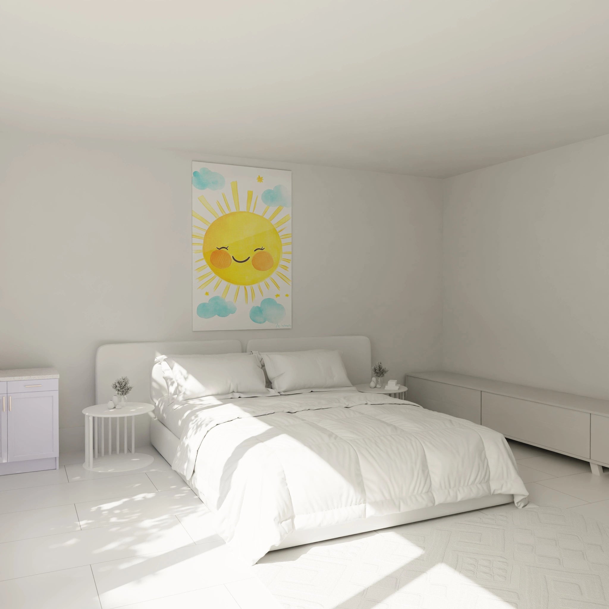 Un tableau pour enfant illustrant un soleil aux joues orangées, rayonnant en jaune vif, accompagné de nuages aux bords floutés en bleu pastel et d’un fond blanc minimaliste sans reliefs apparents.