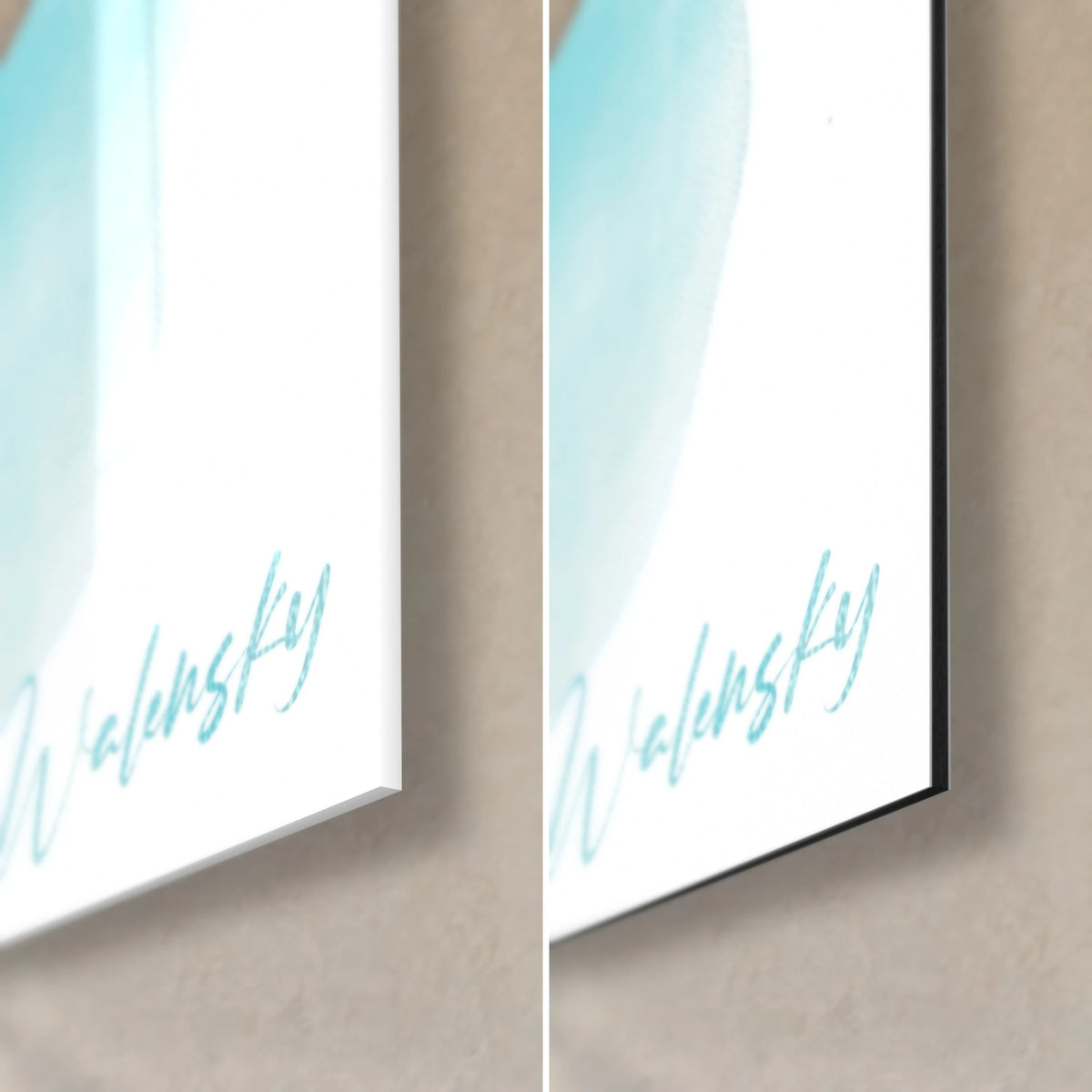 Wall art of a smiling watercolor sun in yellow and sky blue, bottom right corner, glossy acrylic glass and matte Dibond aluminium