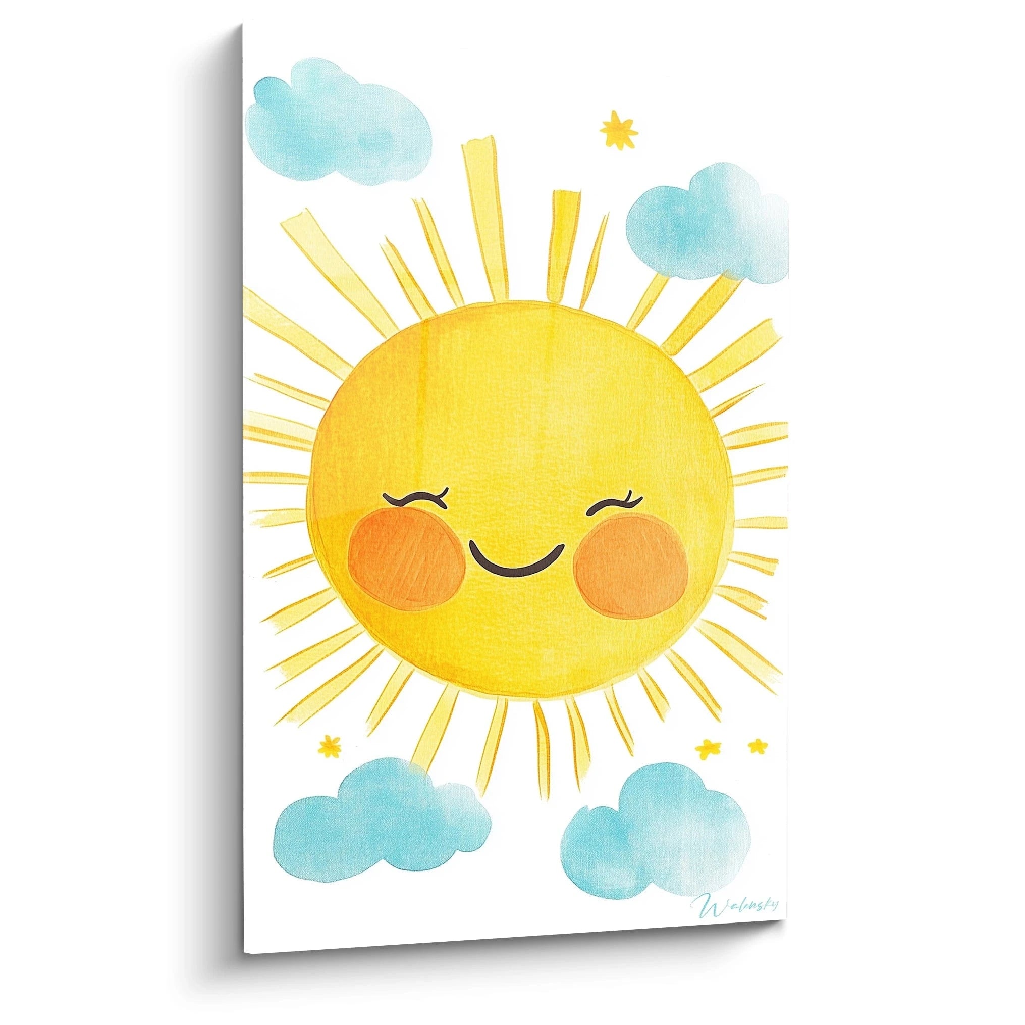 Un tableau pour enfant représentant un soleil jaune avec un visage stylisé, entouré de nuages bleu clair et de petites étoiles jaunes, sur un fond blanc lisse aux textures douces et uniformes.