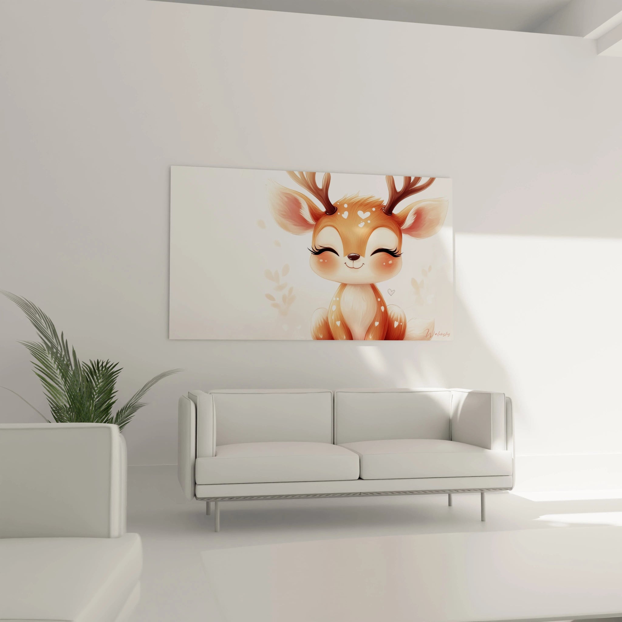 Un tableau enfant mettant en scĂšne un faon assis, aux teintes marron et beige, avec des motifs dĂ©coratifs blancs. Lâillustration prĂ©sente des dĂ©gradĂ©s fluides et un arriĂšre-plan lumineux et Ă©purĂ©.