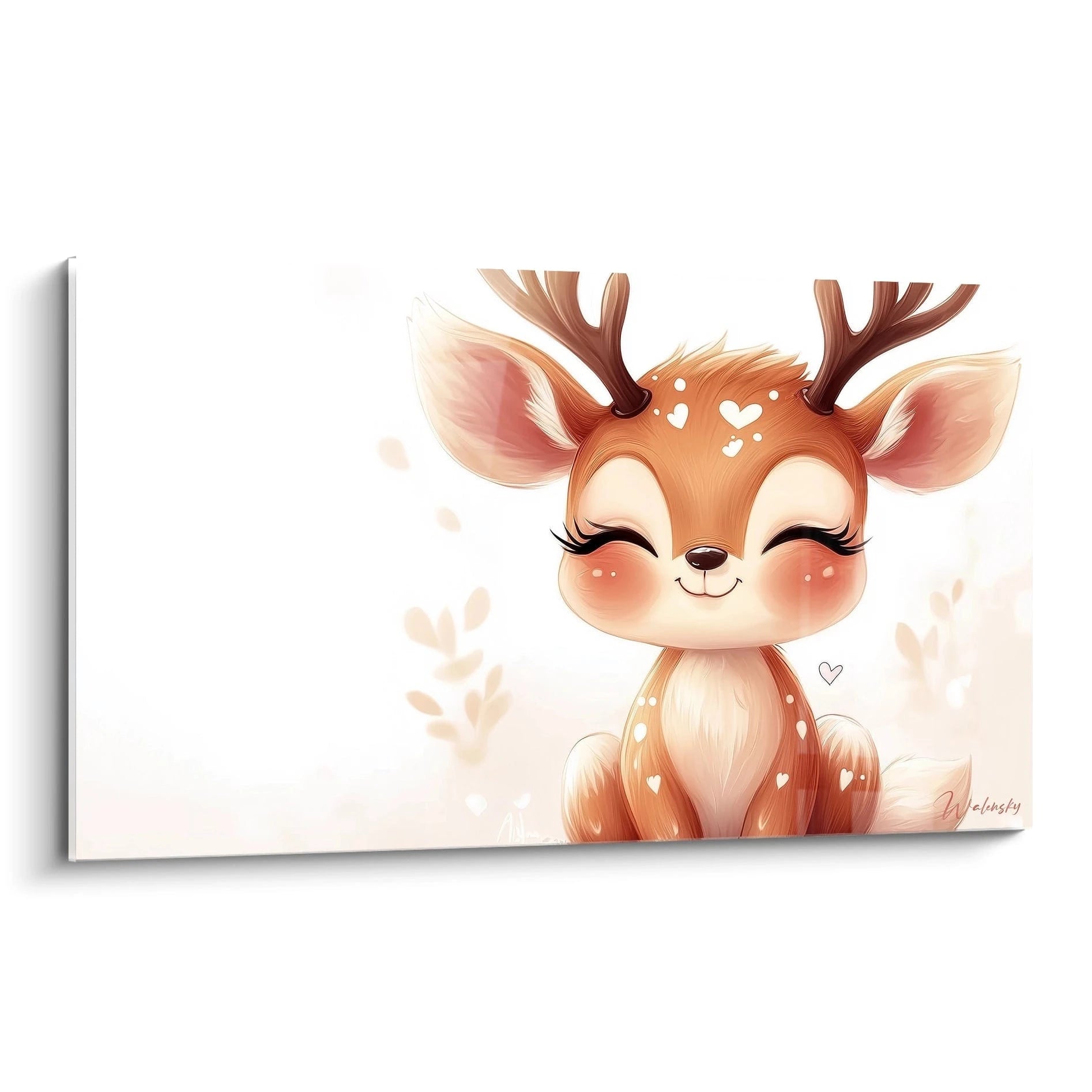 Un tableau enfant reprĂ©sentant un faon stylisĂ© aux couleurs marron, beige et blanc, sur un fond clair. Lâimage prĂ©sente des lignes lisses et des dĂ©gradĂ©s doux avec des dĂ©tails en forme de cĆurs.