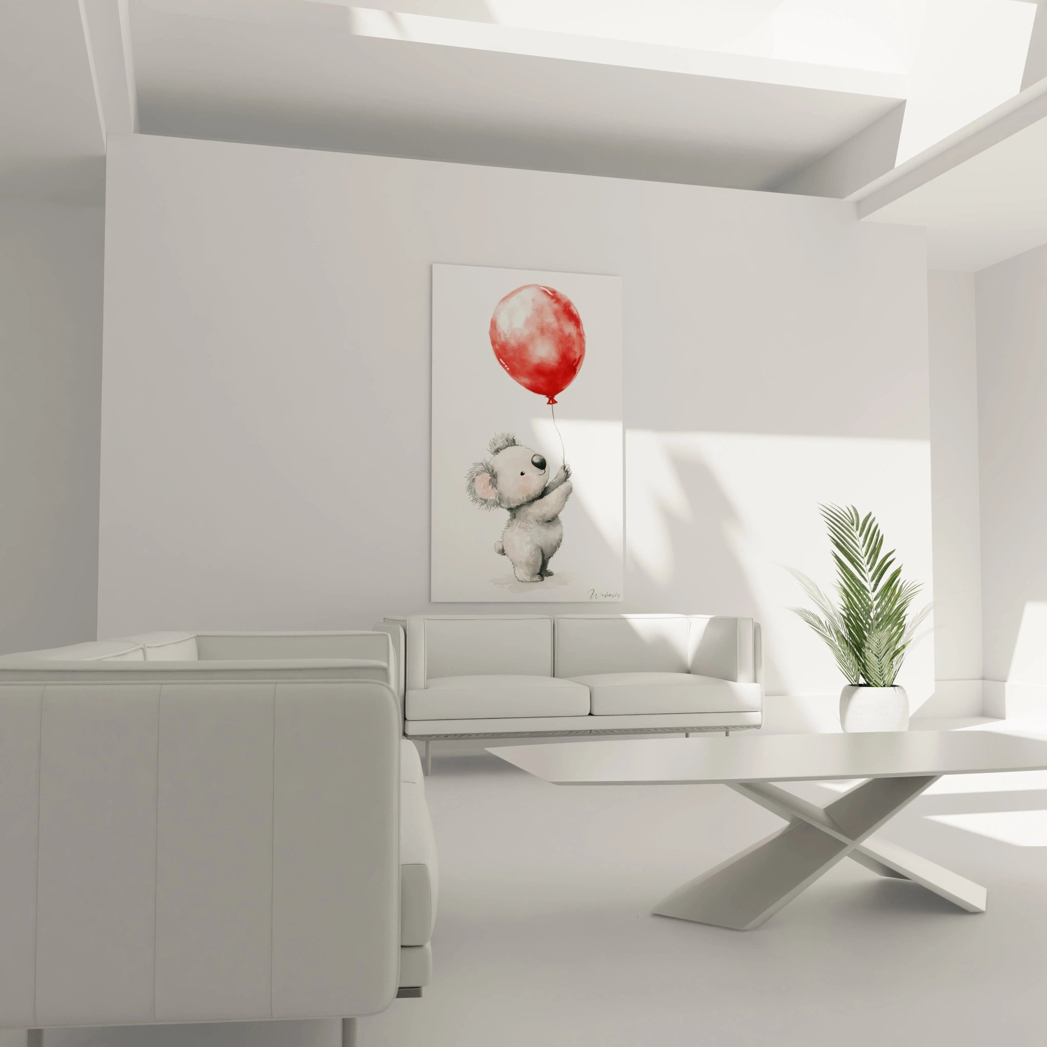 Un tableau pour enfant mettant en scÚne un koala gris texturé, détaillé en aquarelle, contrastant avec un ballon rouge lumineux, le tout sur une surface blanche unie et sans détails supplémentaires.