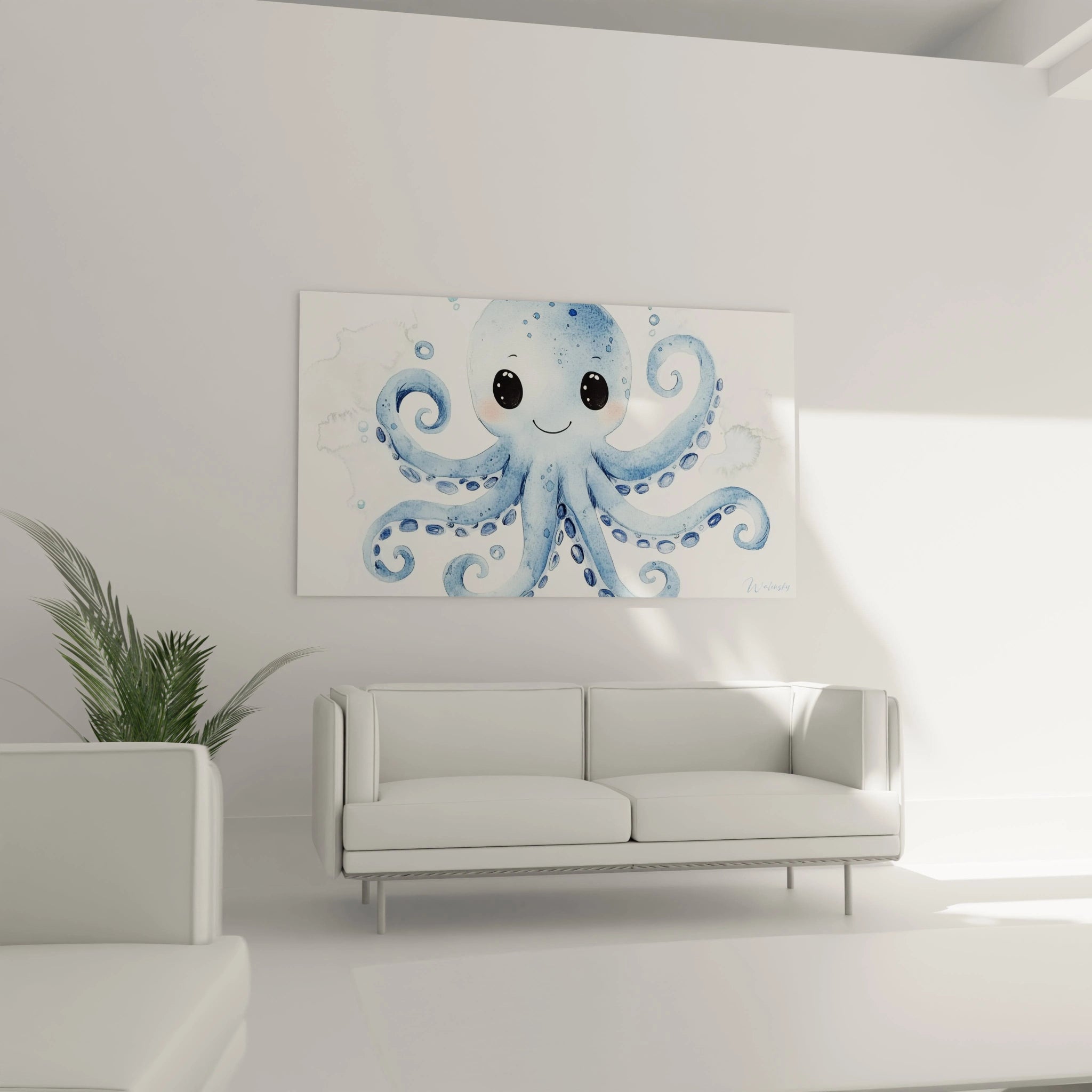 Un tableau enfant mettant en scène une pieuvre aux tons bleutés, avec des ombrages subtils et des effets de transparence, accompagnée de bulles flottantes sur un arrière-plan clair.