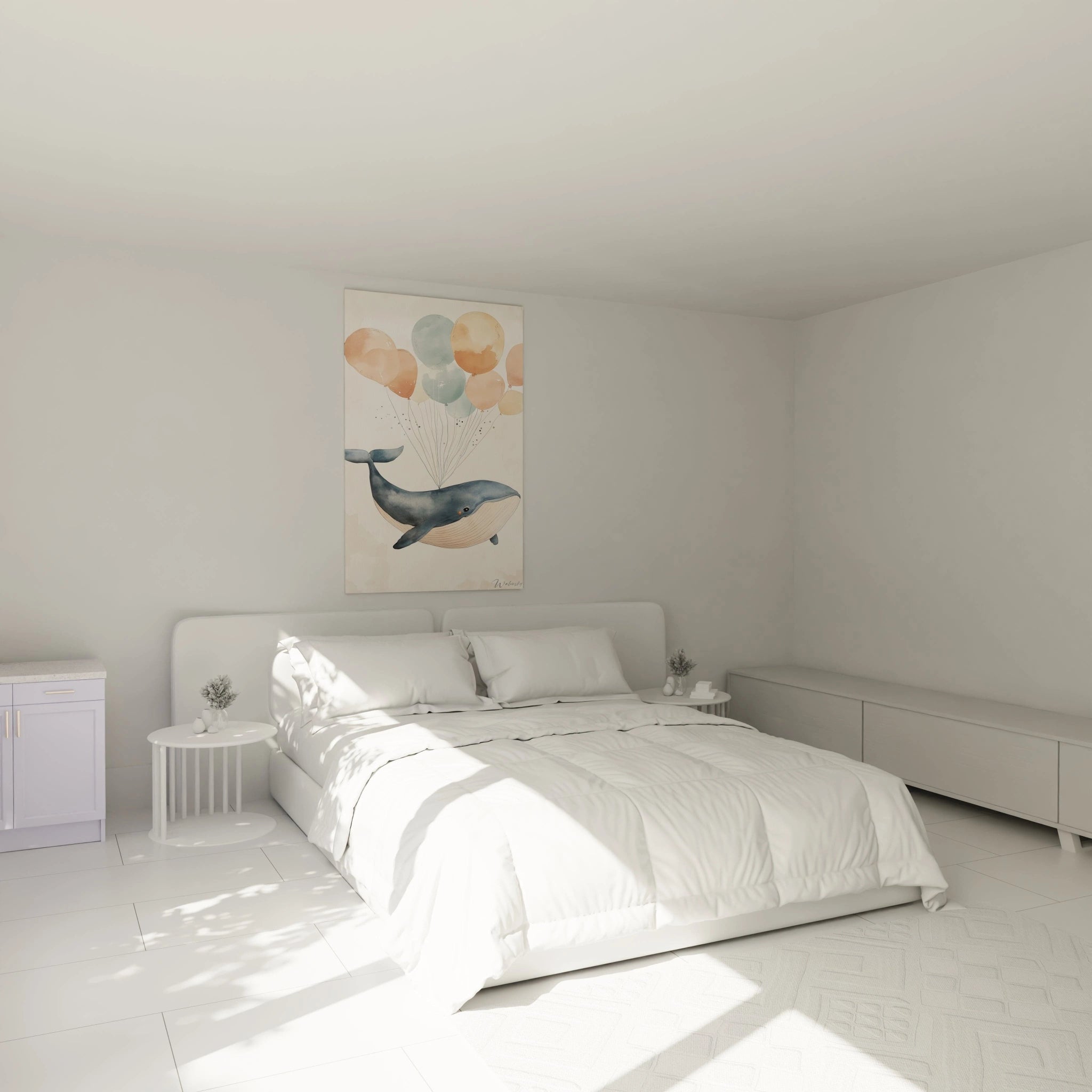 Un tableau pour enfant mettant en scène une baleine marine attachée à plusieurs ballons pastel, dans des tons bleu, orange et beige, avec un effet de peinture aquarelle diffus et des lignes légères.