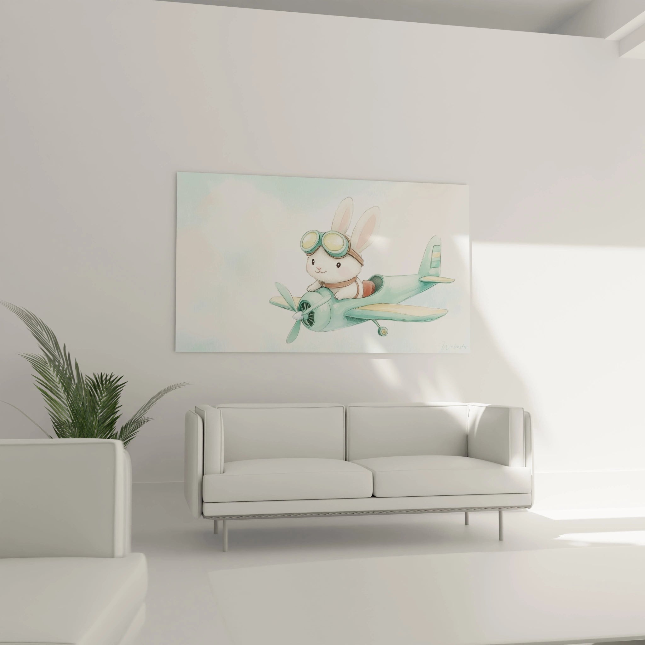 Un tableau enfant représentant un lapin stylisé aux traits doux, installé dans un avion rétro aux ailes beige et au fuselage vert, volant sur un arrière-plan bleu avec des nuances nuageuses.