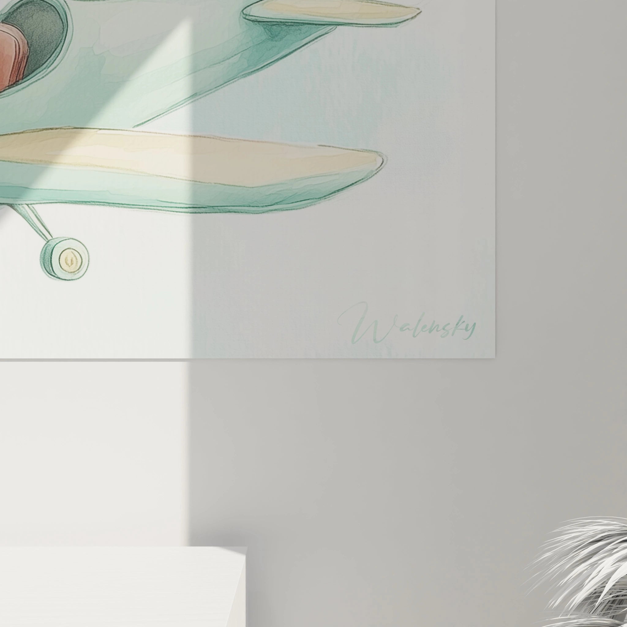 Un tableau enfant affichant un avion aux lignes épurées, piloté par un lapin aux tons blanc et beige, sur un fond aquarelle en bleu pastel, avec des reflets subtils et des contours légèrement estompés.