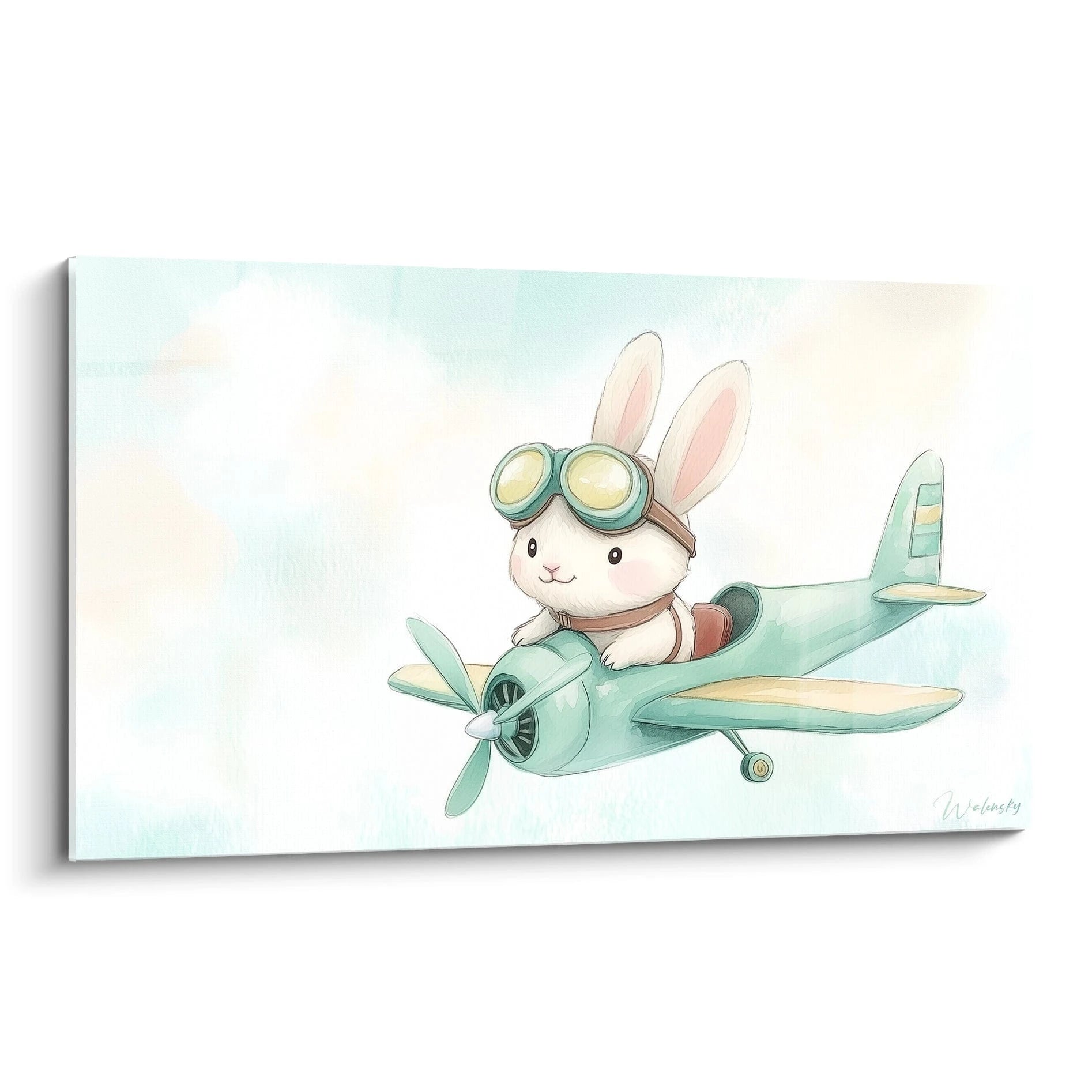 Un tableau enfant illustrant un lapin blanc avec des lunettes d’aviateur, assis dans un avion vert et beige sur un fond bleu pastel avec des nuages diffus et une texture aquarelle légère.