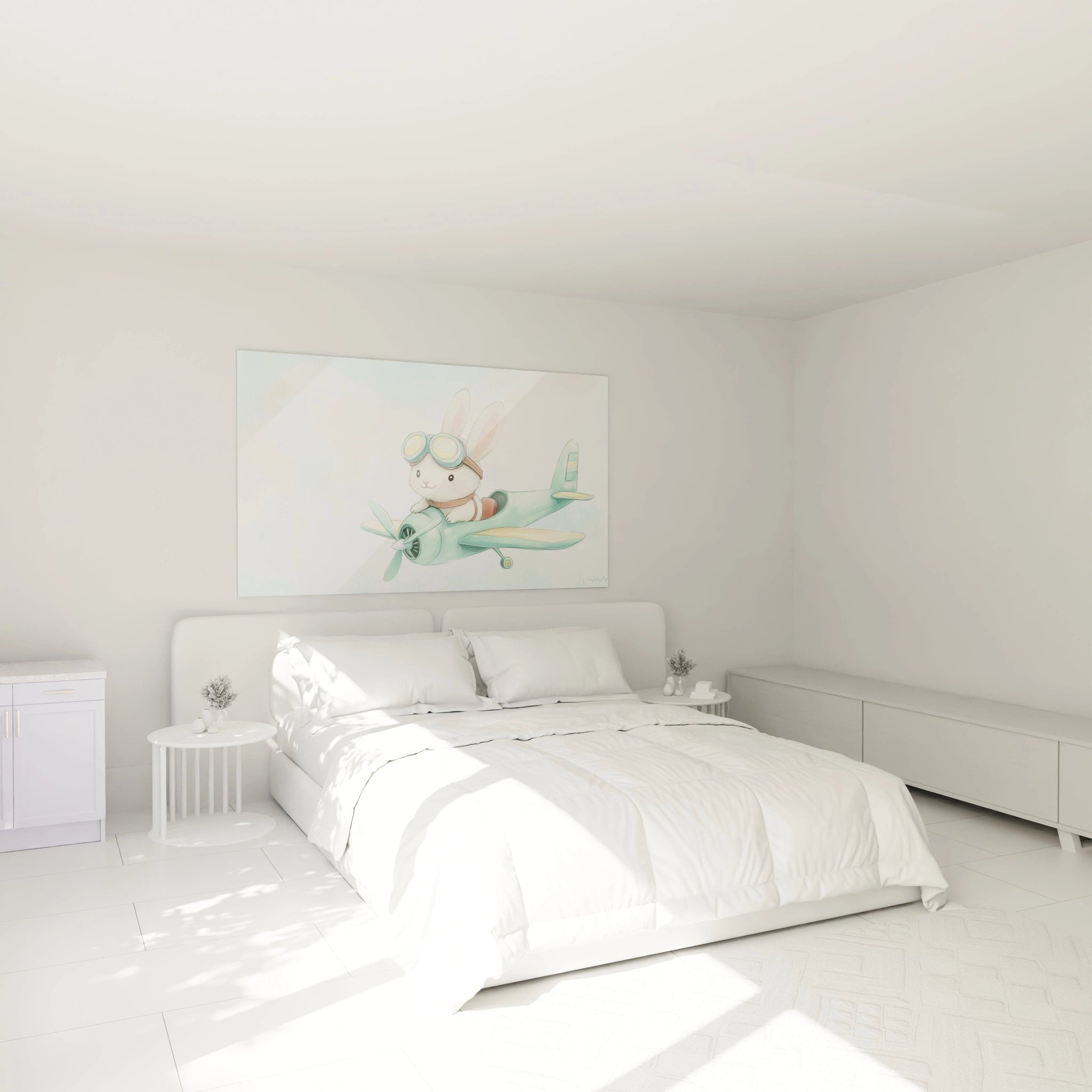 Un tableau enfant mettant en scène un petit lapin aux oreilles dressées, portant des lunettes vertes et un harnais brun, pilotant un avion vert d’eau et beige sous un ciel texturé en bleu clair.