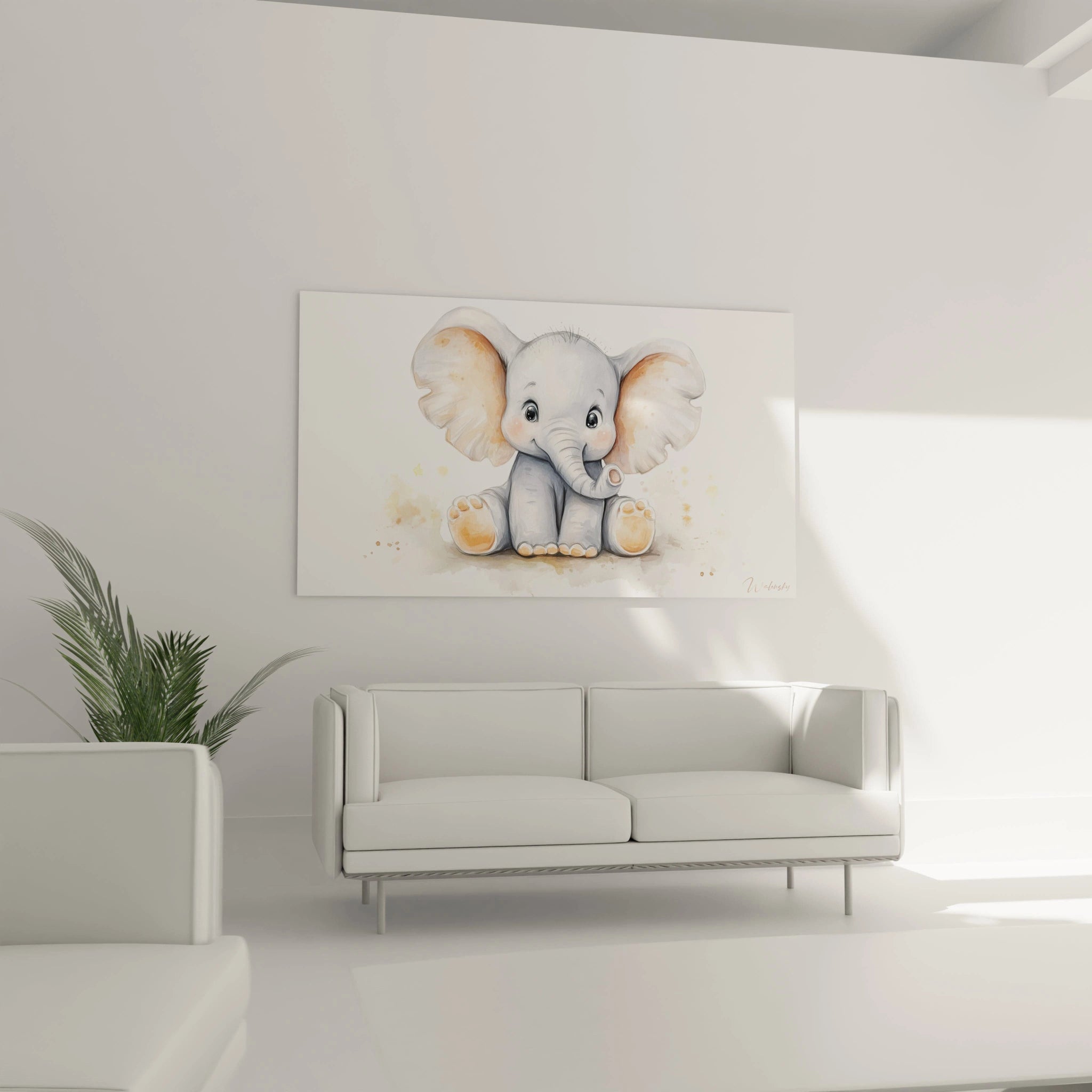 Un tableau enfant montrant un Ă©lĂ©phanteau aux tons gris et beige, avec des ombrages subtils et des touches dâorange sur les oreilles et les pattes, dans un style aquarelle aux contours fondus.