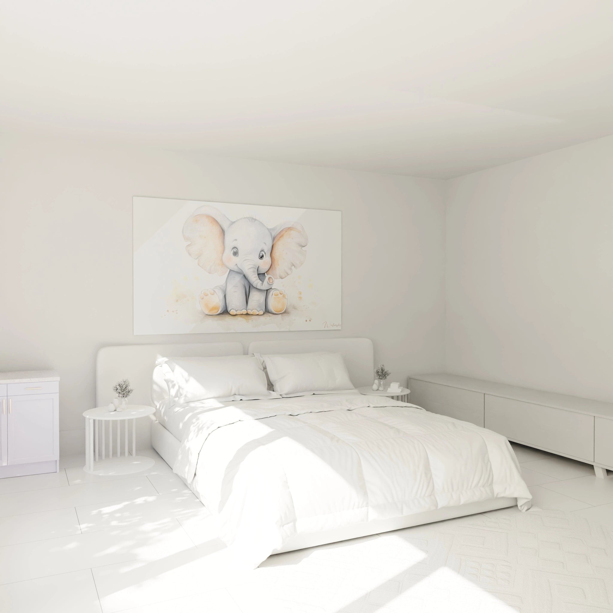 Un tableau enfant illustrant un éléphanteau avec de grandes oreilles rosées, un corps gris ombré et une trompe légÚrement courbée, réalisé en aquarelle avec des effets de transparence.