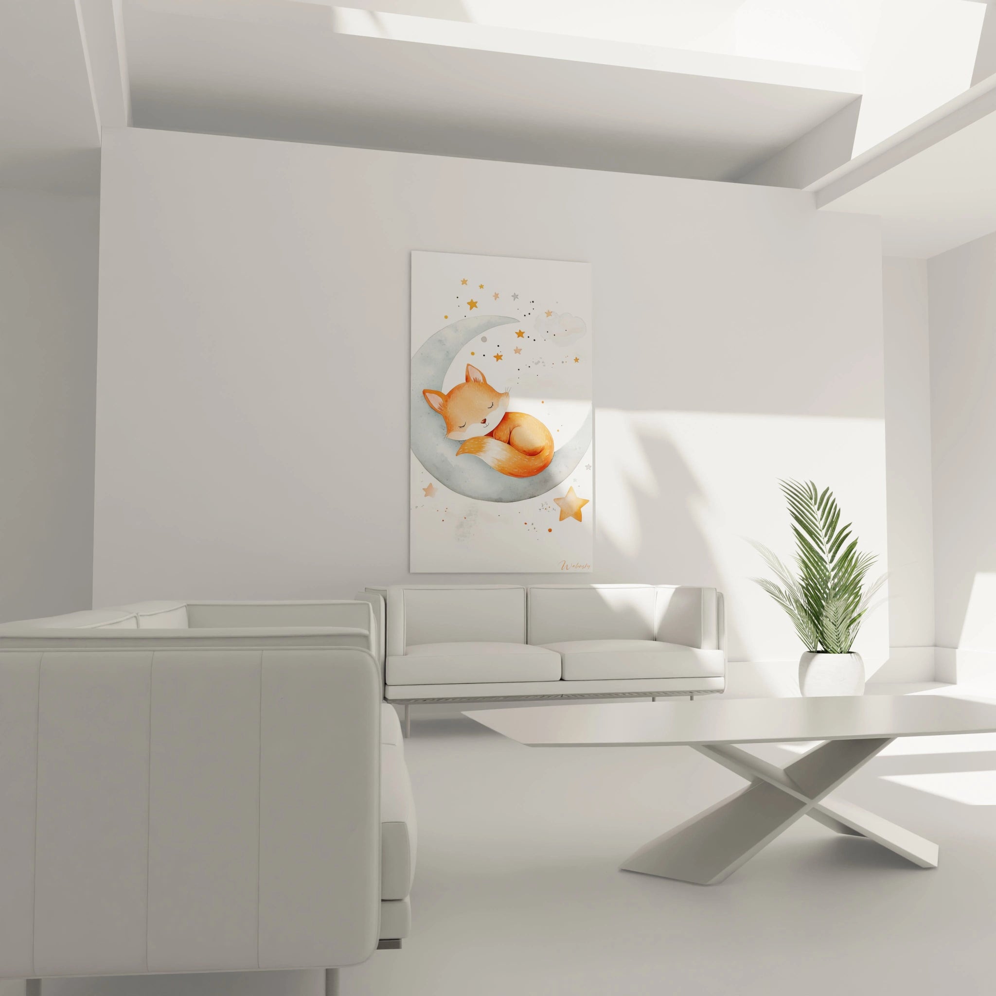 Un tableau enfant illustrant un renard reposant sur la lune, avec des étoiles dispersées. Les couleurs principales sont l'orange vif, le gris pùle et le blanc, créant une texture aqueuse et légÚre.