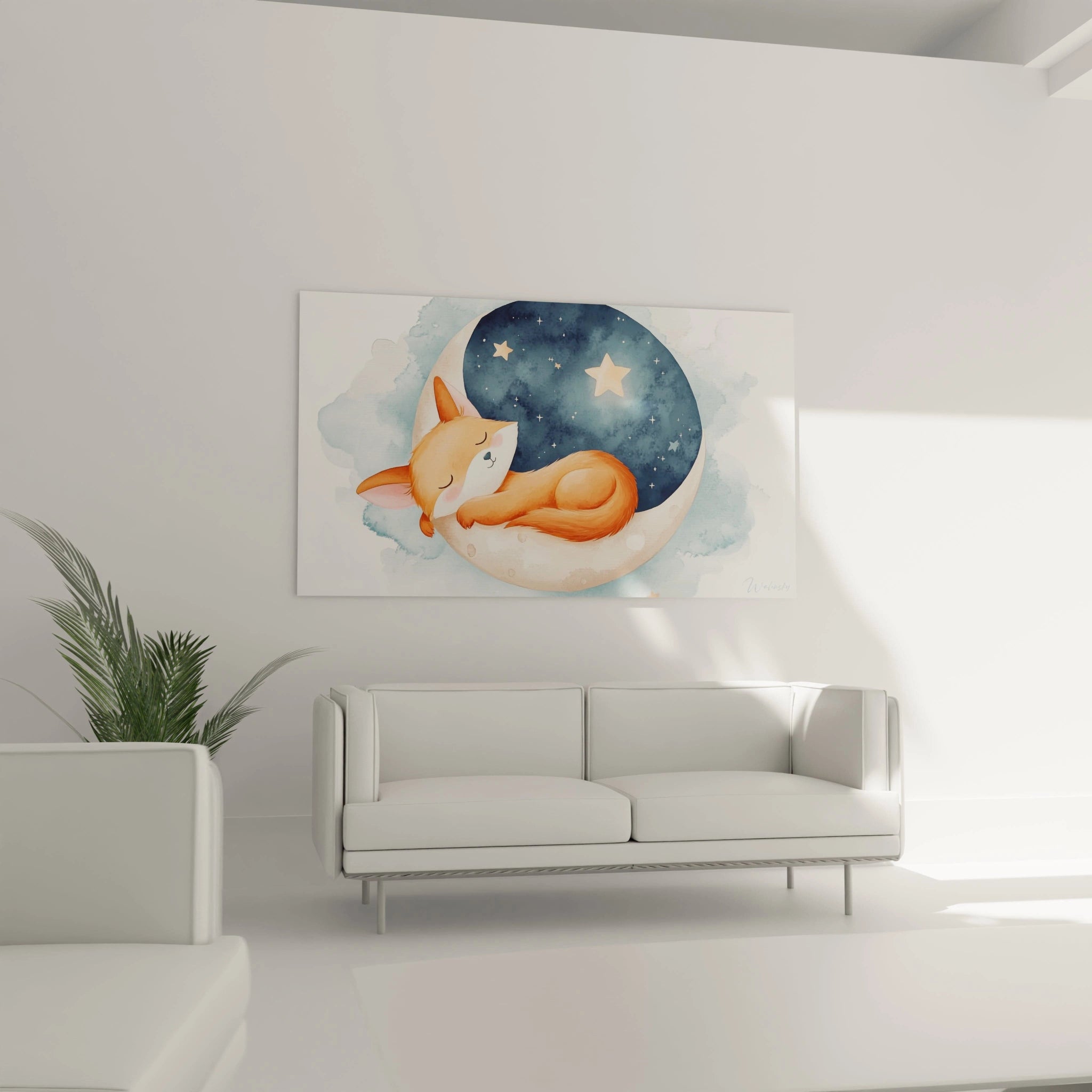 Un tableau enfant mettant en scĂšne un renard aux nuances chaudes, reposant sur une lune beige, avec un ciel bleu foncĂ© parsemĂ© dâĂ©toiles et des effets aquarellĂ©s lĂ©gers.