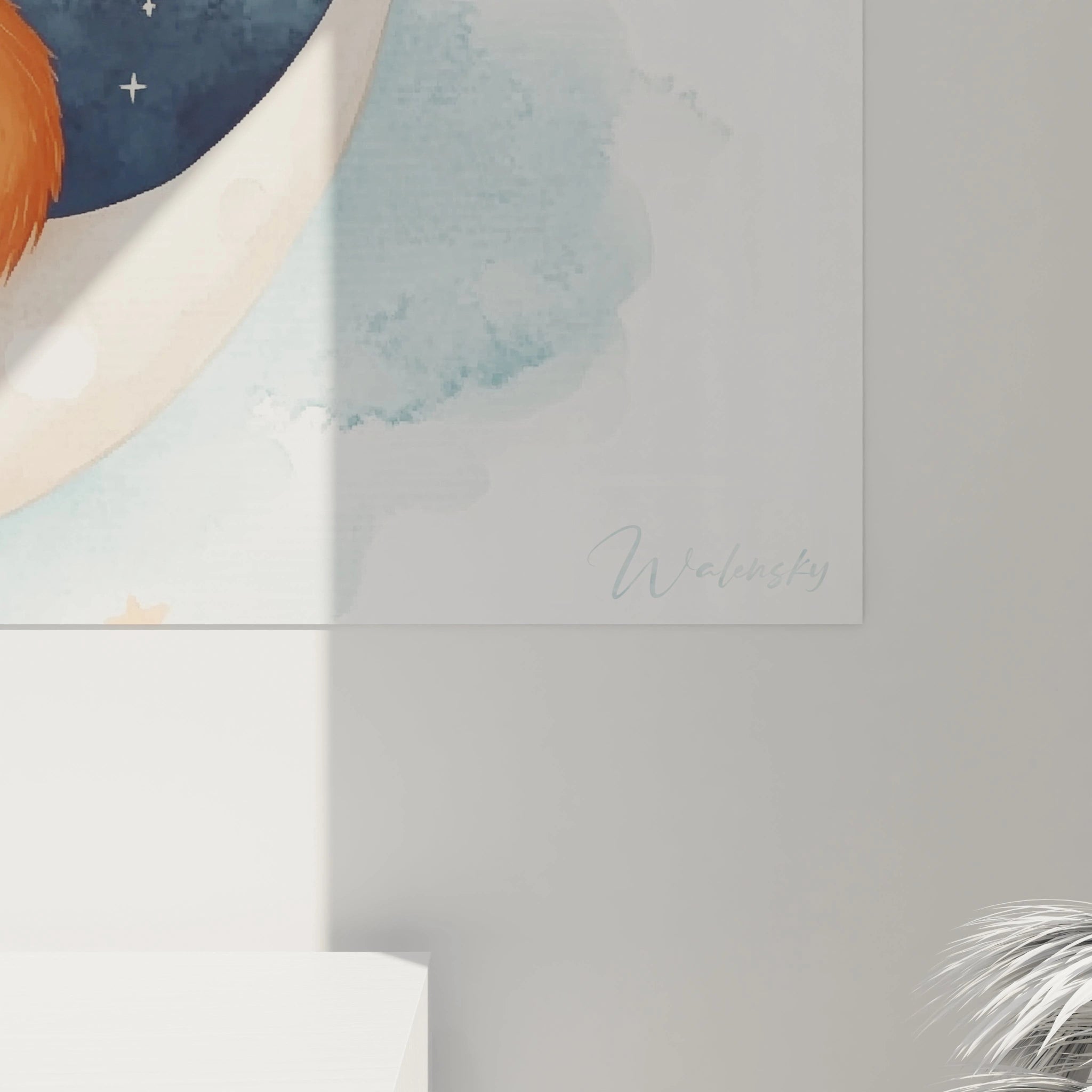 Tableau enfant illustrant un renard au pelage orange couchĂ© sur une lune claire, contrastant avec un fond bleu profond ornĂ© dâĂ©toiles et de nuages vaporeux aux textures douces.