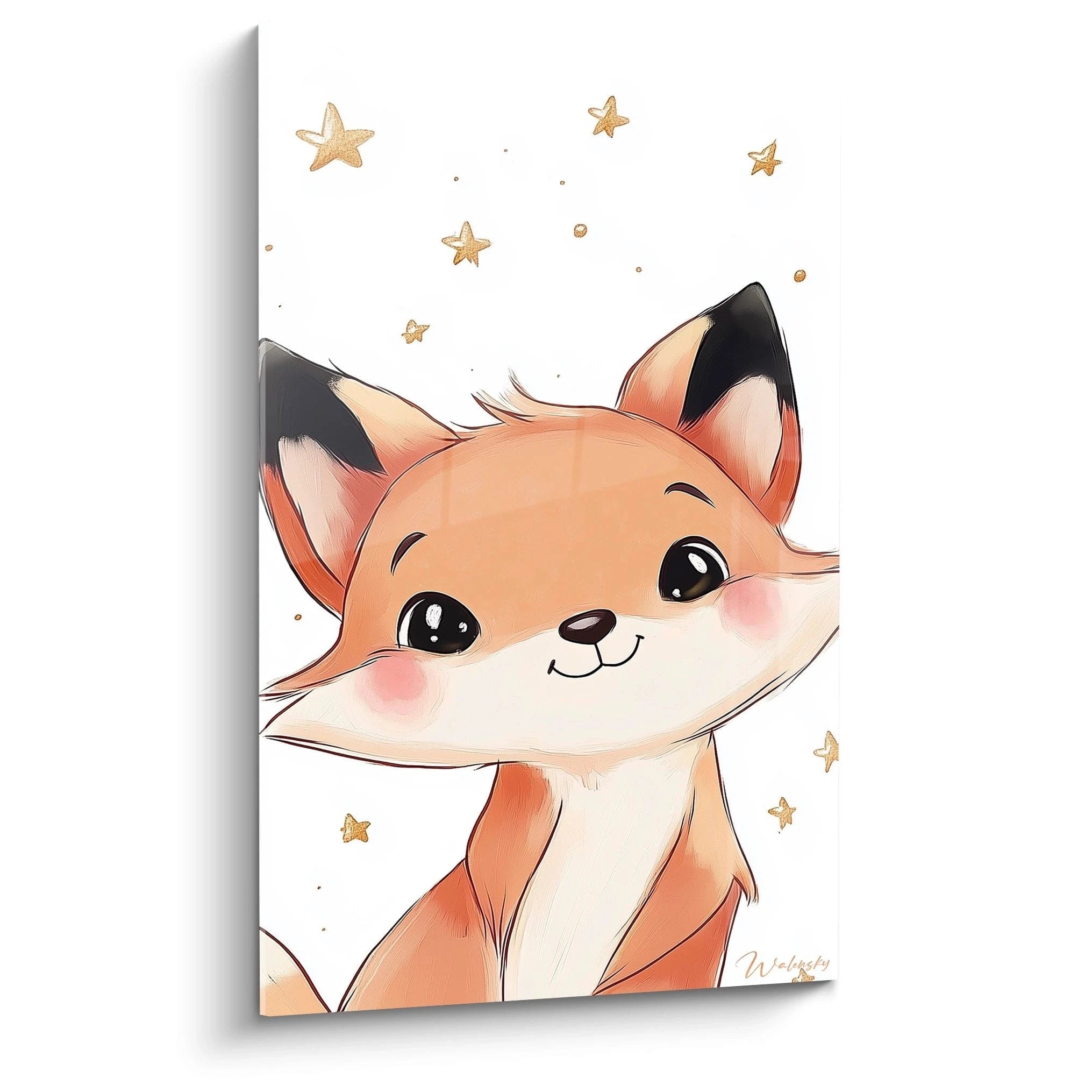 Un tableau enfant représentant un renard au regard expressif, avec des teintes orange, blanche et dorée. Le fond est simple, avec des étoiles dispersées et une texture douce et lisse.