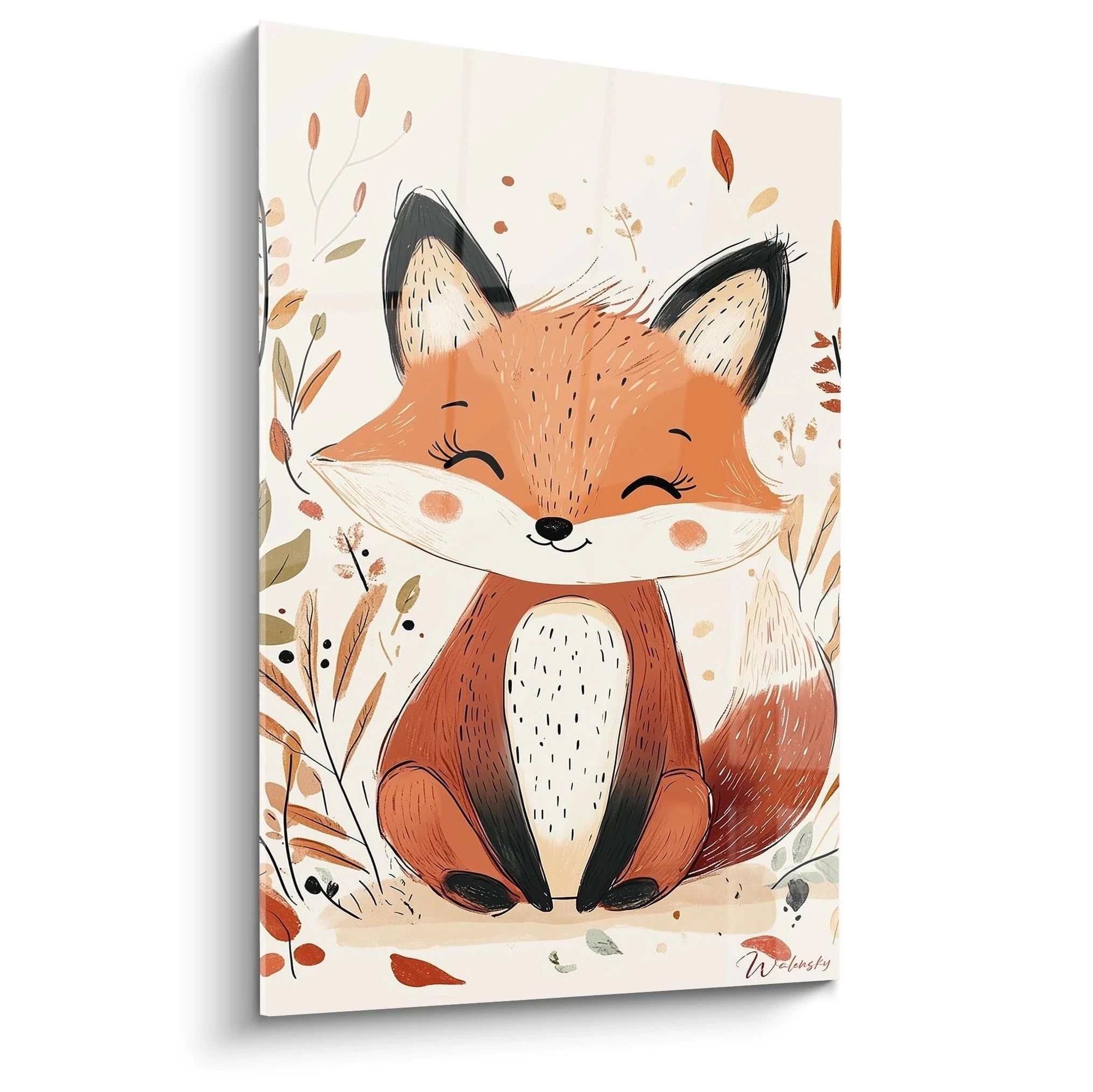 Un tableau enfant illustrant un renard aux teintes orange et beige, entouré de petites branches et feuilles. Le fond est doux et texturé, avec des lignes fines et des détails subtils.