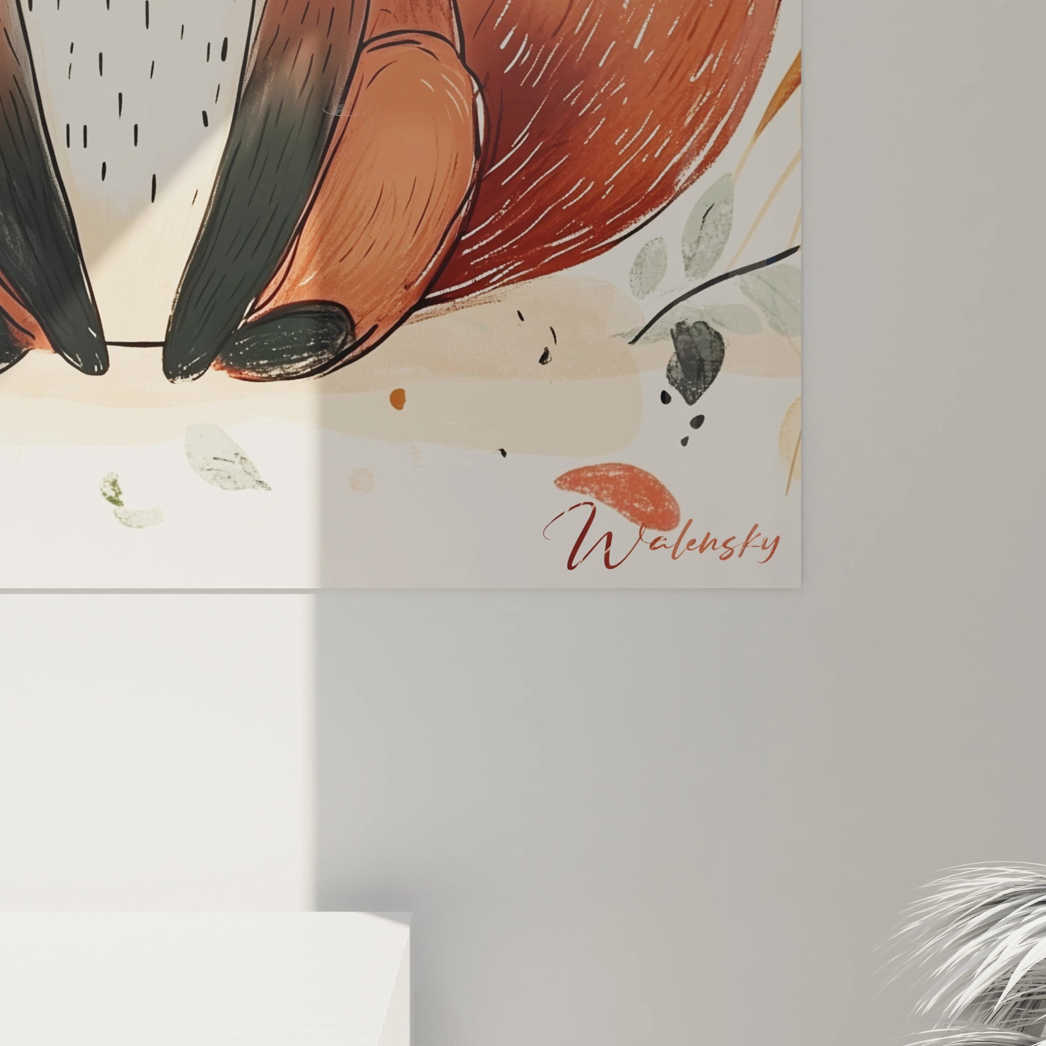 Ce tableau enfant montre un renard aux tons orange et blanc, avec des détails fins sur les oreilles et le ventre. Le fond est doux, avec des touches de beige, marron et des éléments de feuillage en dégradé.