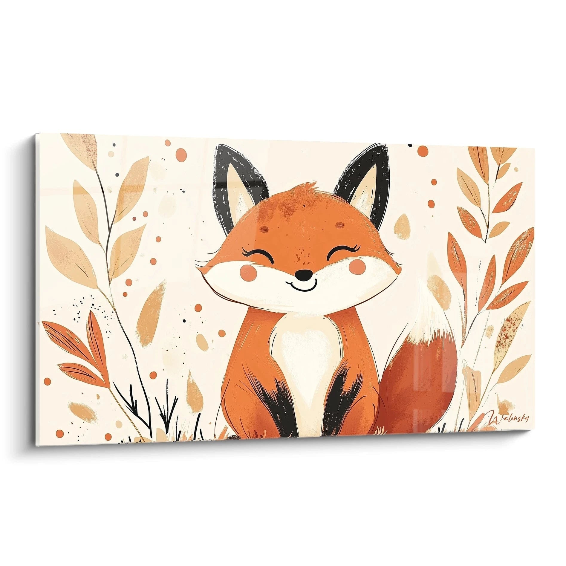Un tableau enfant illustrant un renard stylisé aux tons orange, beige et blanc, entouré de feuillages graphiques fins sur un fond clair, avec des textures lisses et des lignes douces.