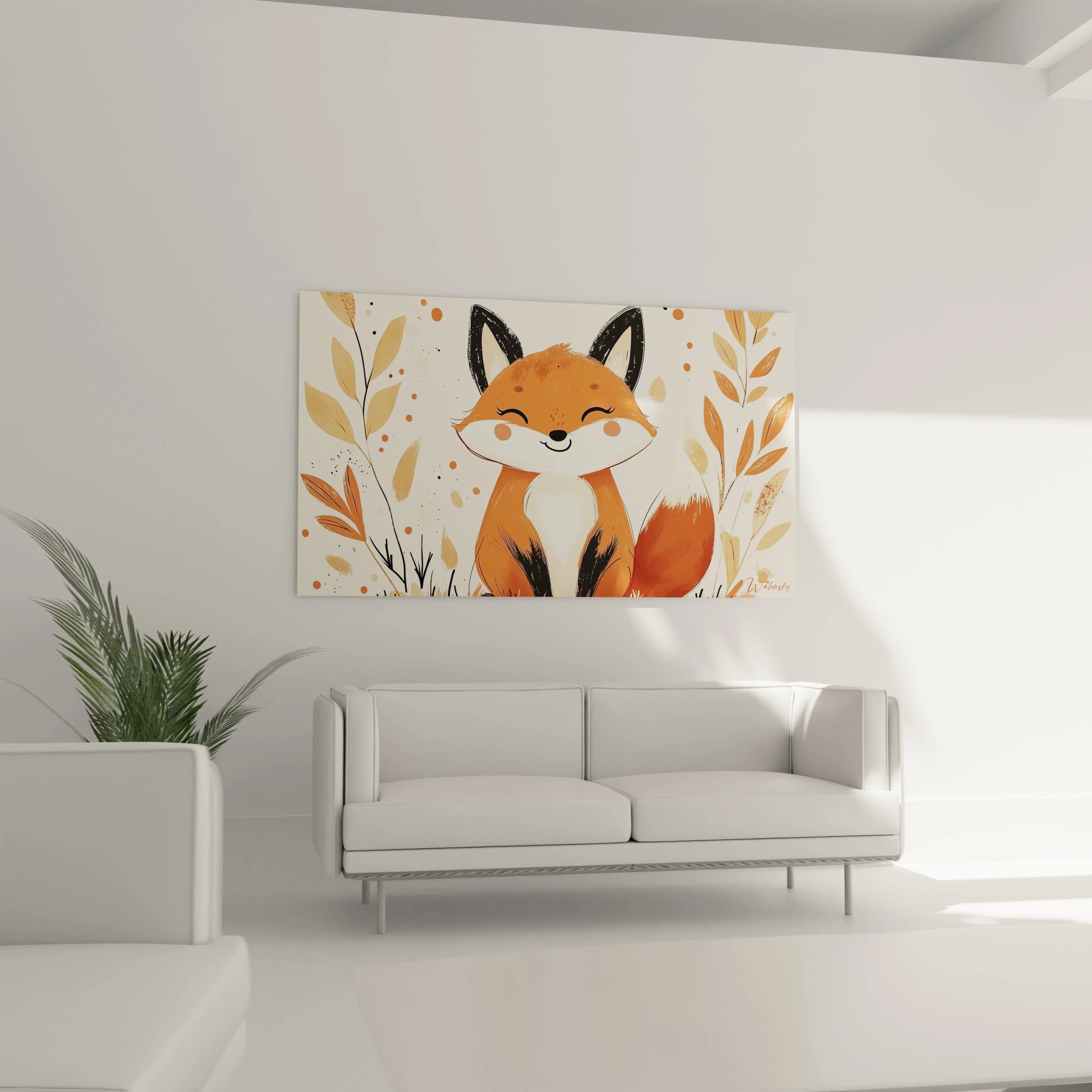 Un tableau enfant montrant un renard simplifié, aux couleurs orange et blanc, avec un contour noir contrasté et des motifs végétaux beige et marron, le tout sur un fond clair légÚrement texturé.