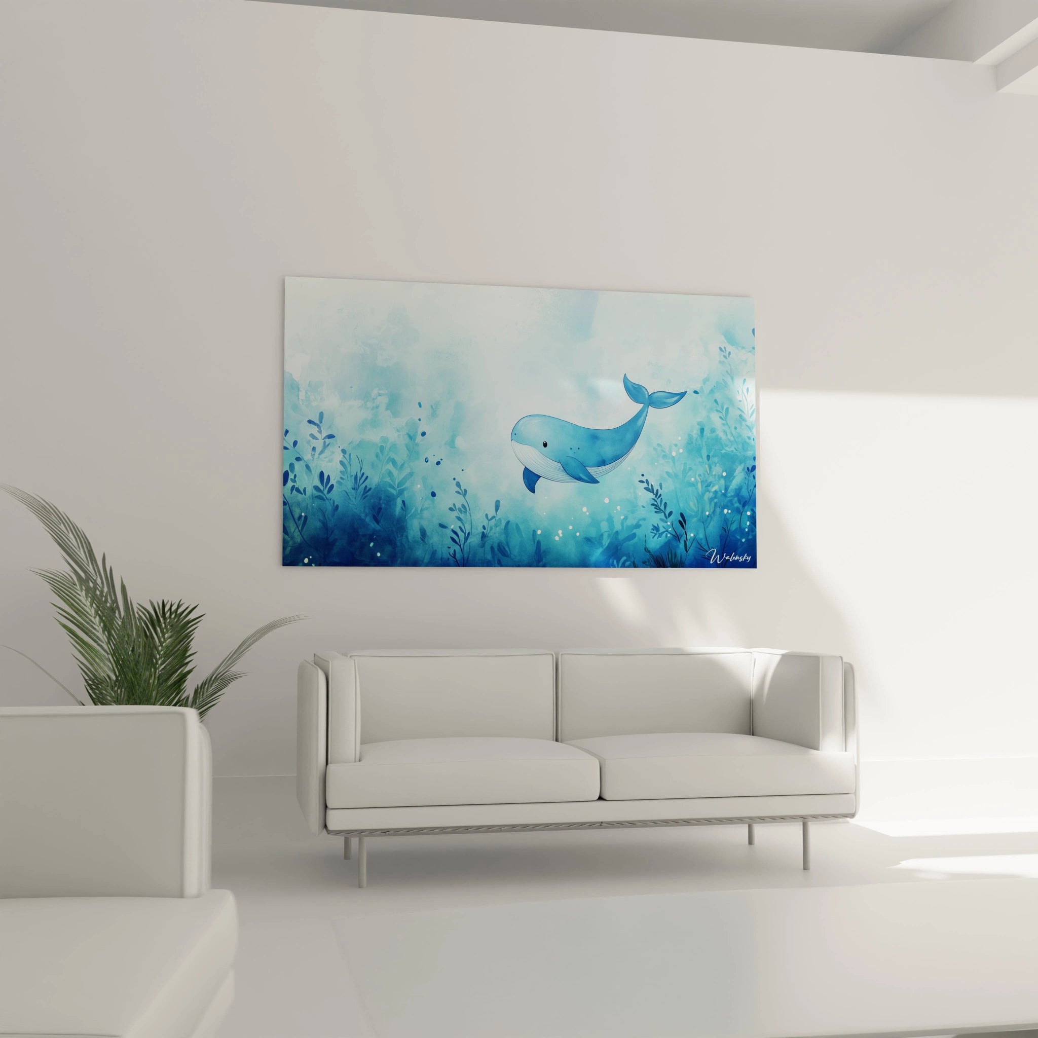 Un tableau enfant mettant en scène une baleine aux contours doux, évoluant dans un fond bleu dégradé avec des éléments végétaux et des bulles, réalisé avec des effets de transparence et de fluidité.