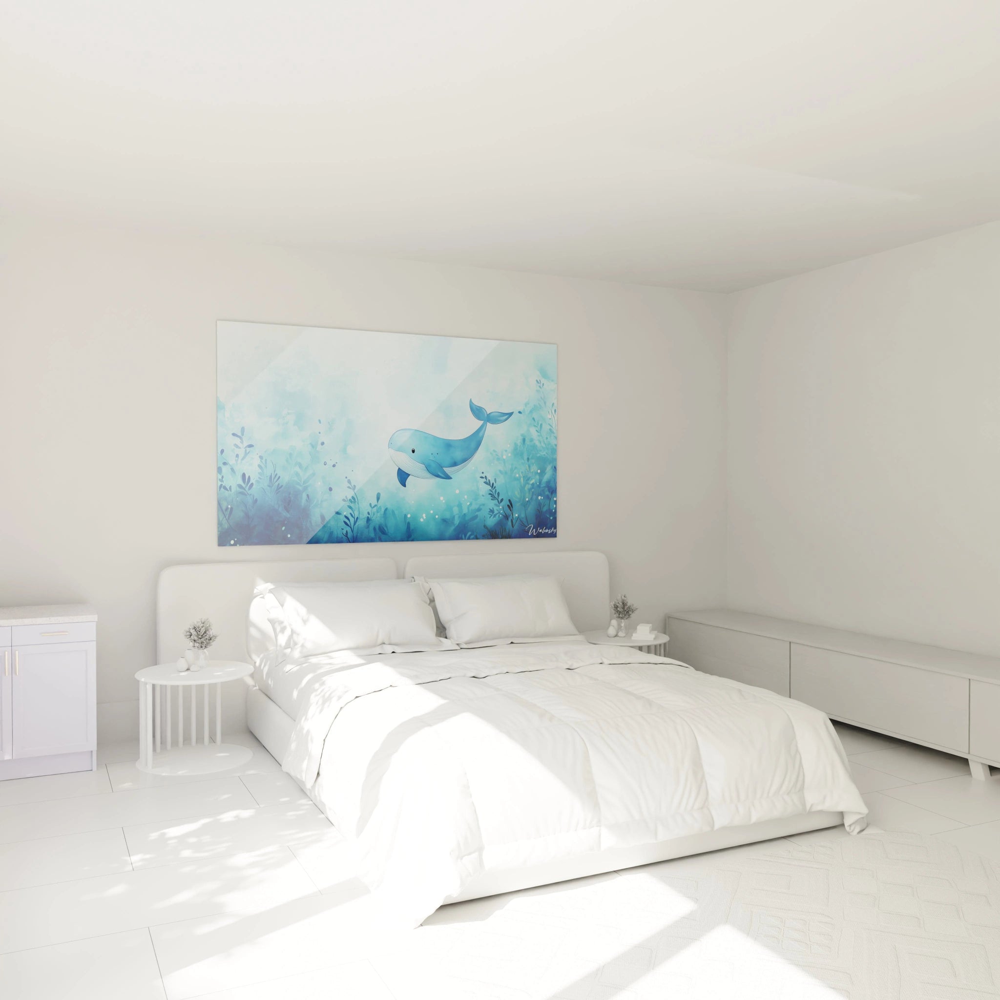 Un tableau enfant illustrant une baleine au milieu d’un paysage sous-marin, entourée de végétaux ondulants et de bulles, dans une palette de bleu, blanc et marine avec des textures aquarellées.