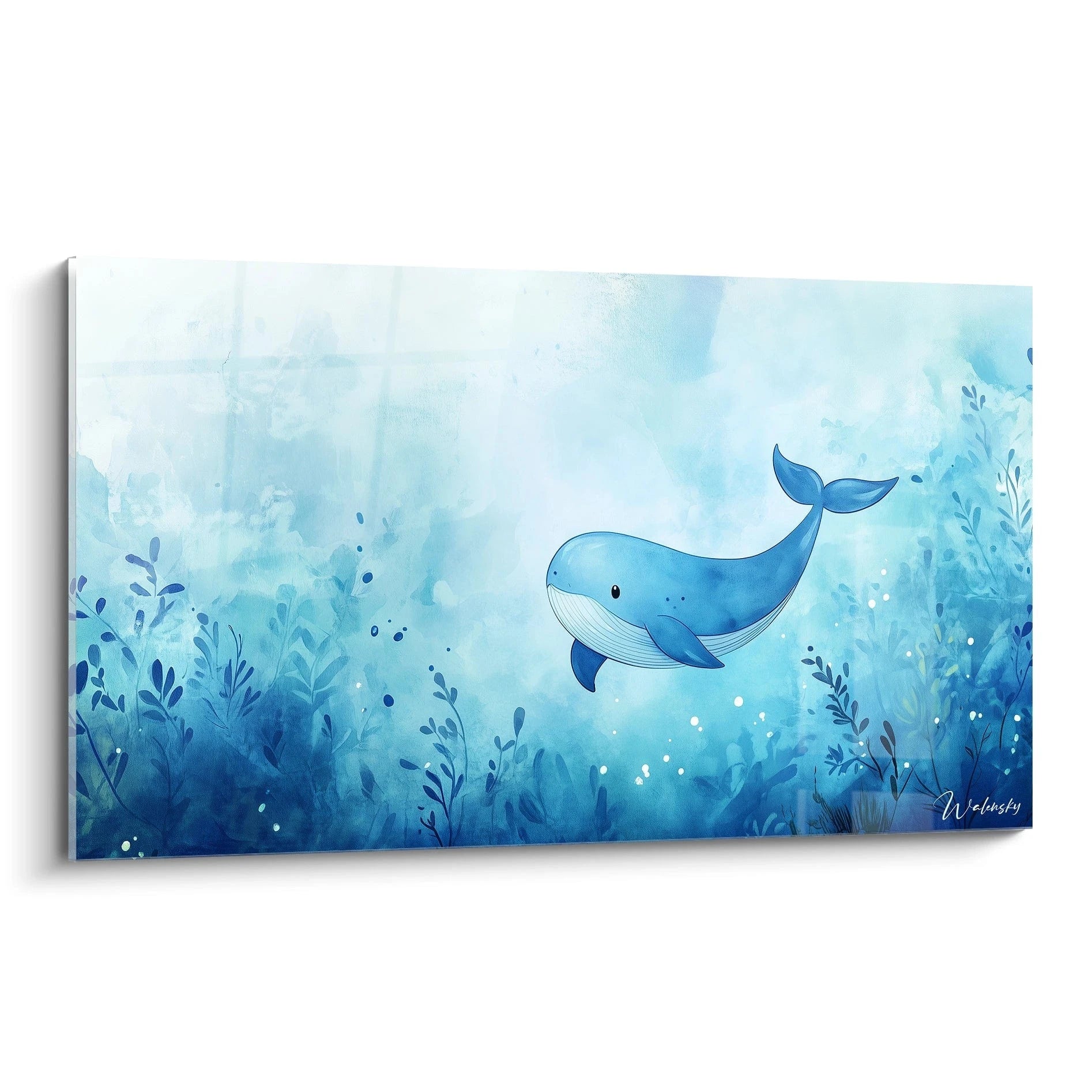 Un tableau enfant représentant une baleine stylisée flottant au centre d’un décor marin, avec des teintes de bleu clair, blanc et marine, et un effet aquarelle fluide sur un fond texturé.