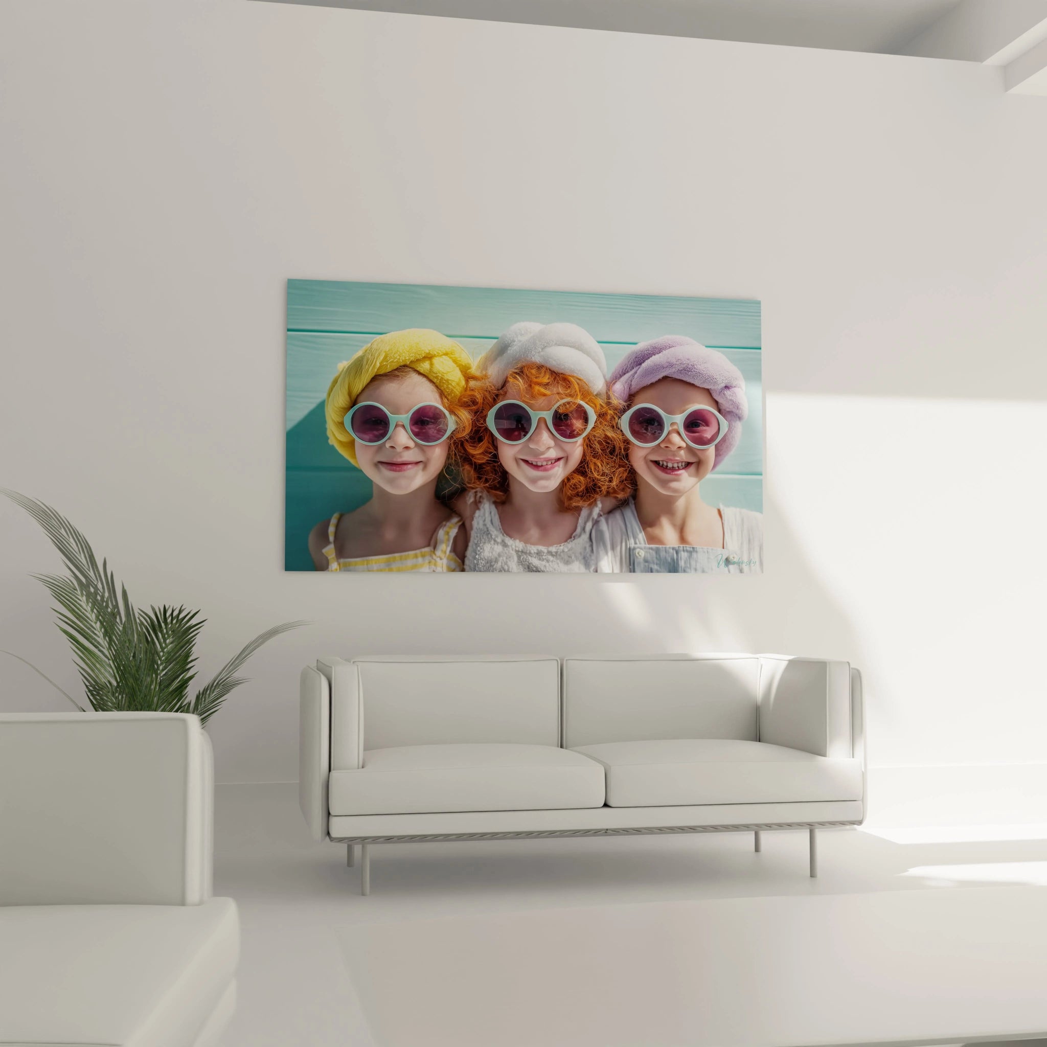 tableau mural enfants souriants Walensky montrant trois filles en chapeaux et lunettes de soleil sur fond turquoise