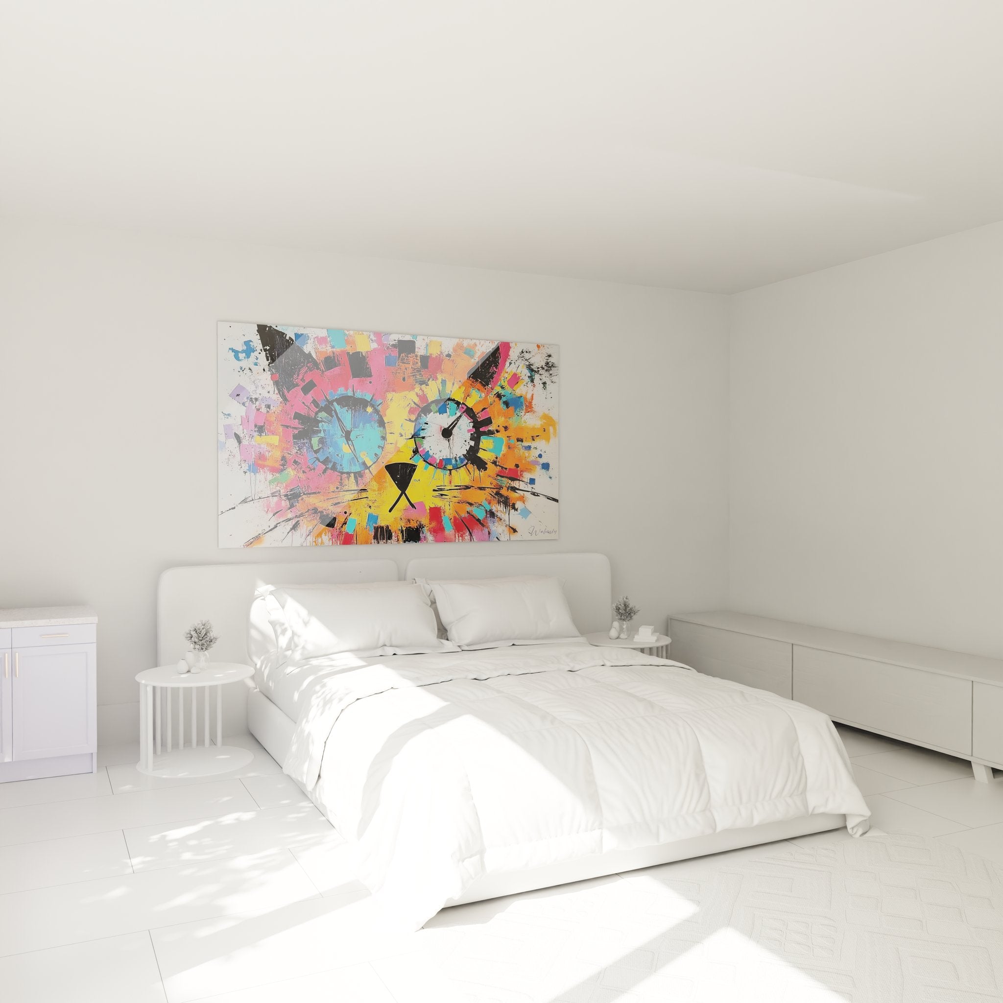 Tableau mural engrenages abstraits dans chambre moderne, art industriel coloré sur mur blanc