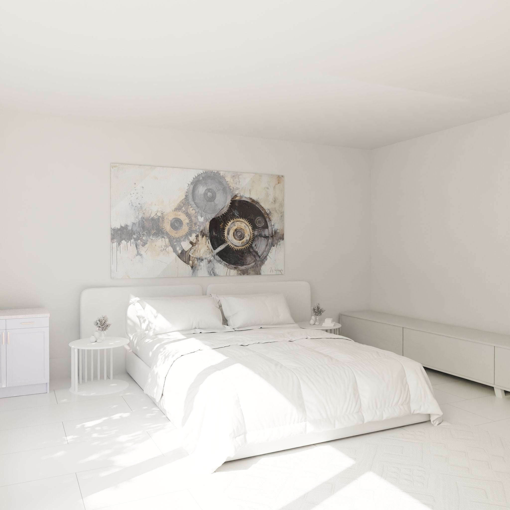 Tableau engrenages métalliques ambiance chambre décoration industrielle moderne