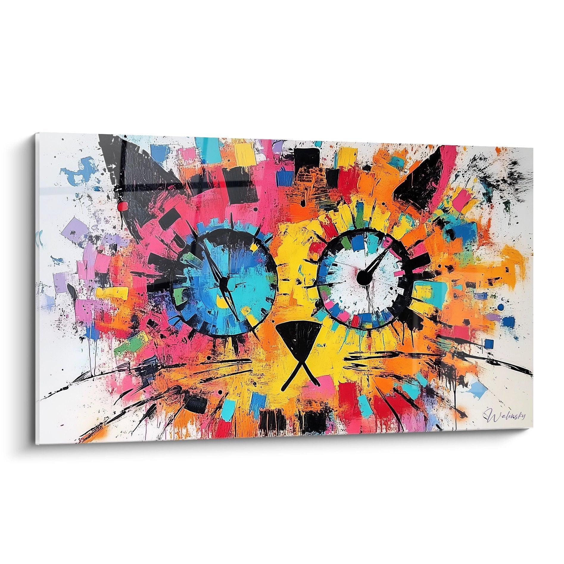 Tableau engrenages colorés abstraits style graffiti avec trois mécanismes circulaires et projections multicolores