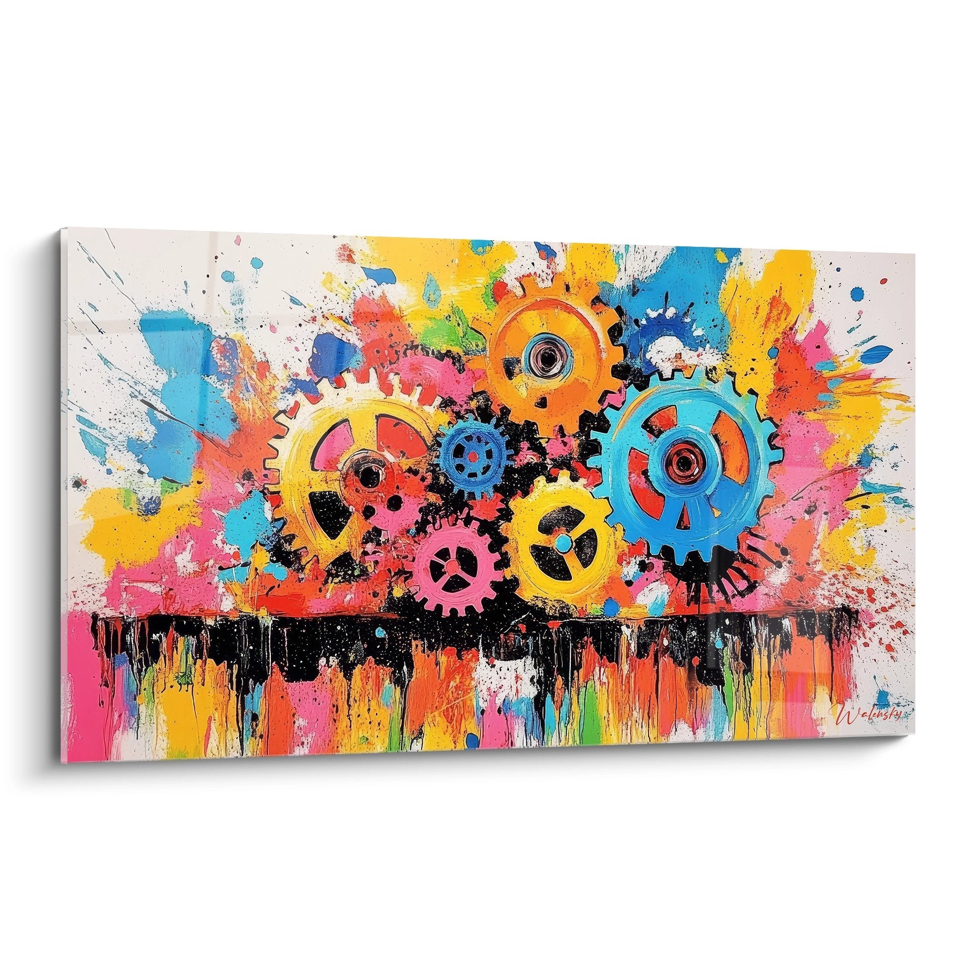 Tableau mural engrenages colorés avec éclaboussures artistiques style industriel moderne