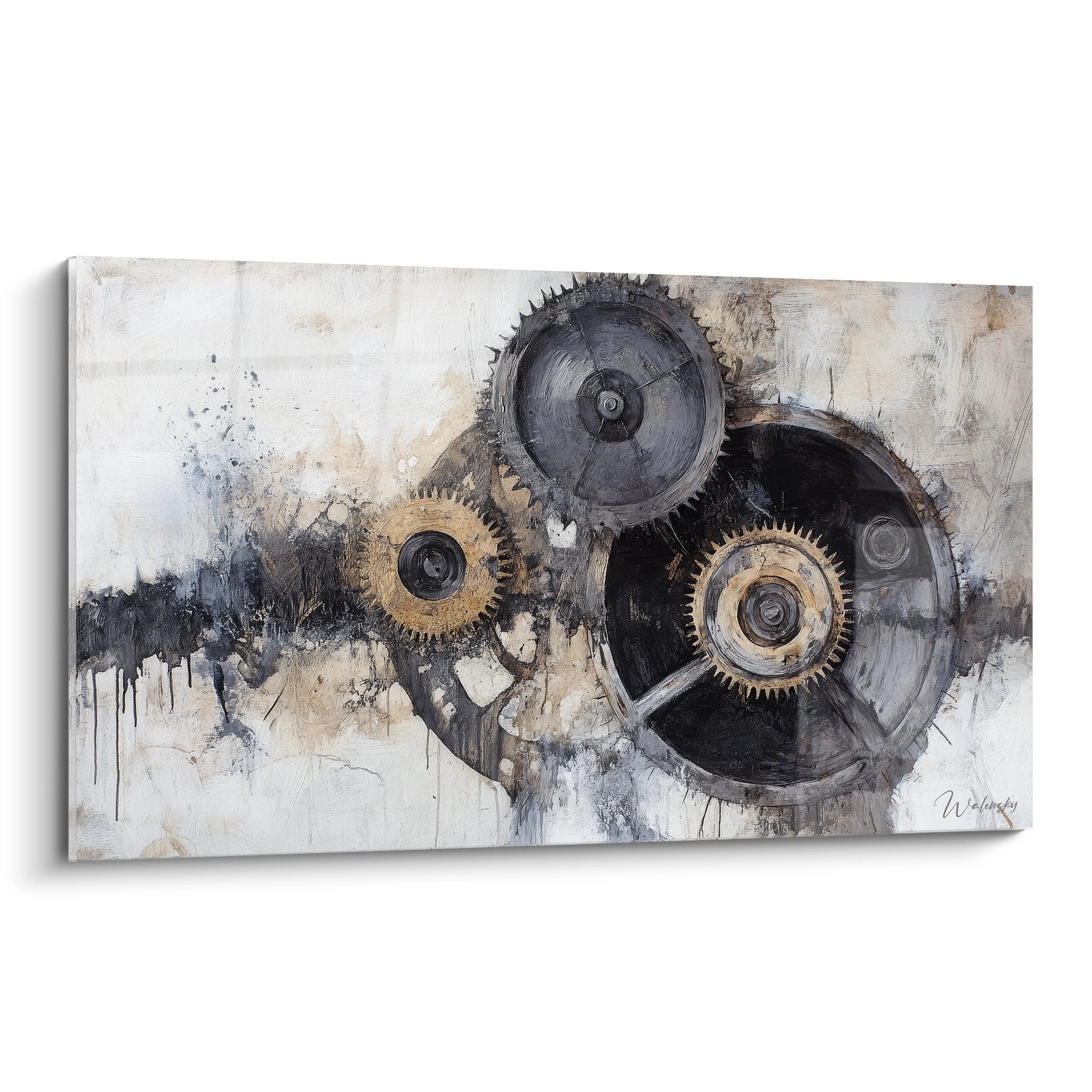 Tableau mural engrenages industriels abstraits tons métalliques décoration moderne