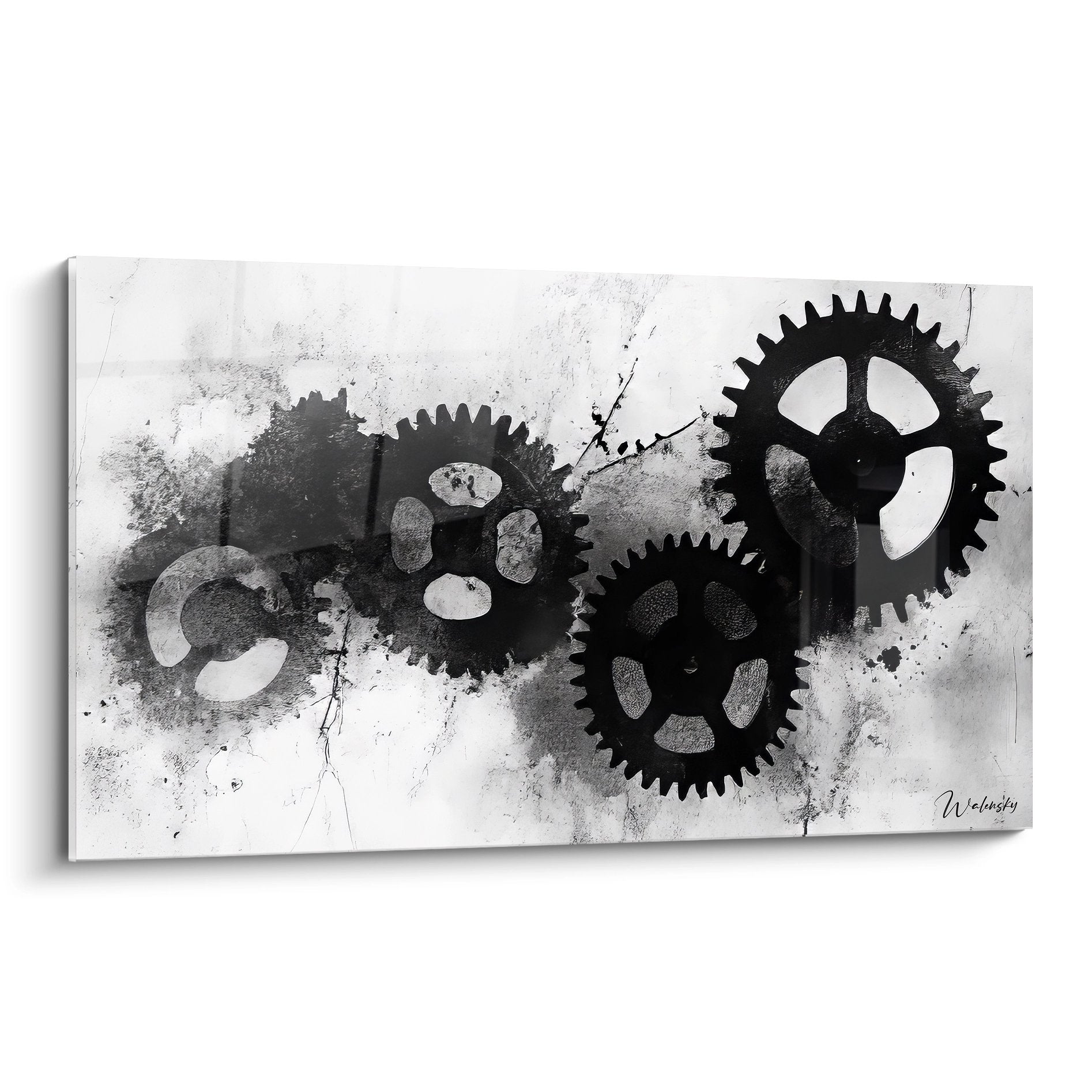 Tableau mural engrenages mécaniques abstraits noir et blanc style industriel moderne décoratif