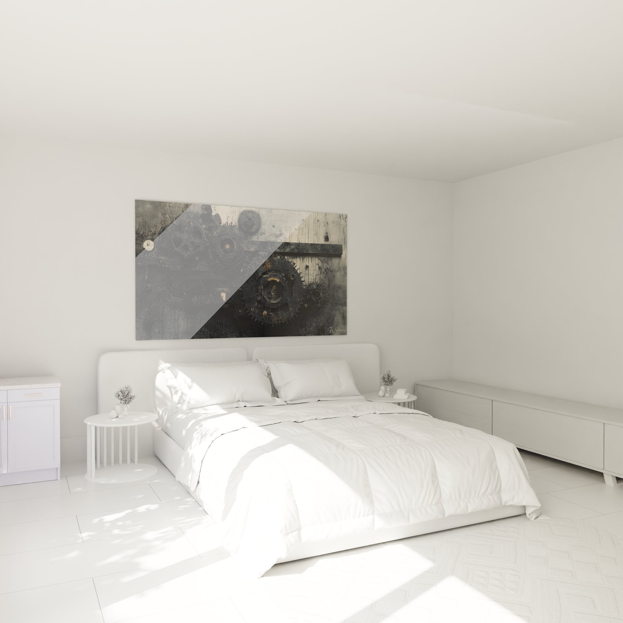 Tableau mécanismes industriels décorant une chambre moderne avec engrenages métalliques et style industriel