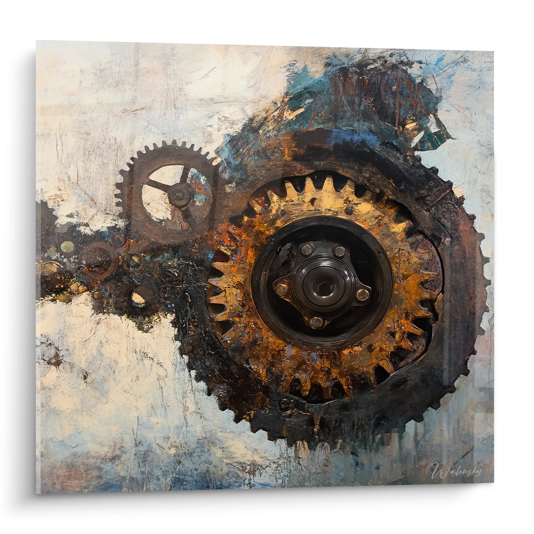 Tableau mural engrenages rouillés style industriel steampunk avec mécanismes vintage dorés sur fond texturé