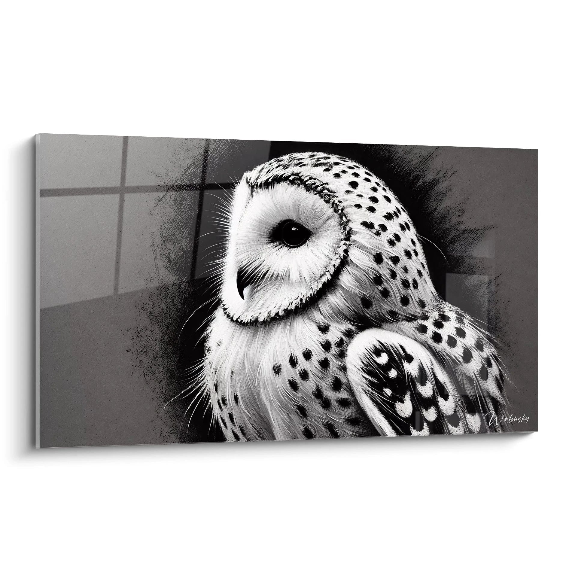 tableau chouette noir et blanc vu de biais qui met en valeur sa puissance visuelle et sa sobriete ideale pour une deco contemporaine ou monochrome